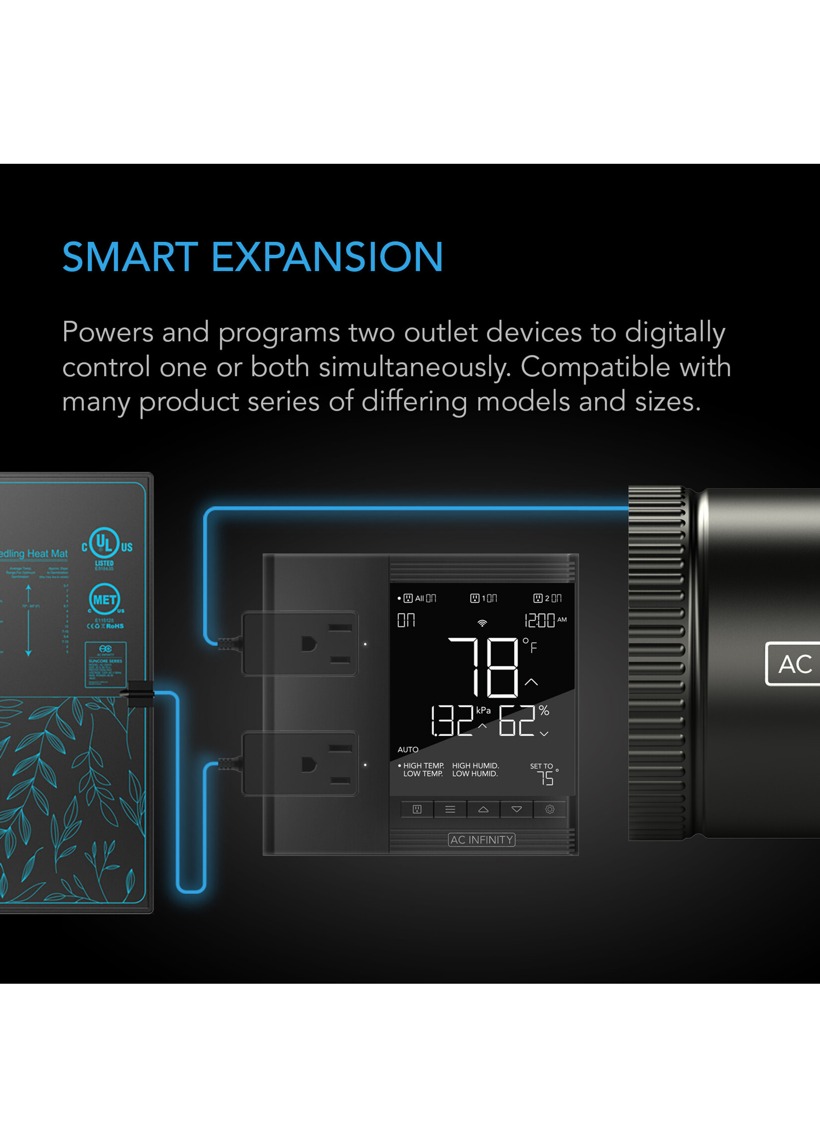 AC Infinity AC Infinity Controller 75 PRO WiFi for Two Devices, Dynamic VPD, Temperature, Humidity, Scheduling, Data App, Bluetooth