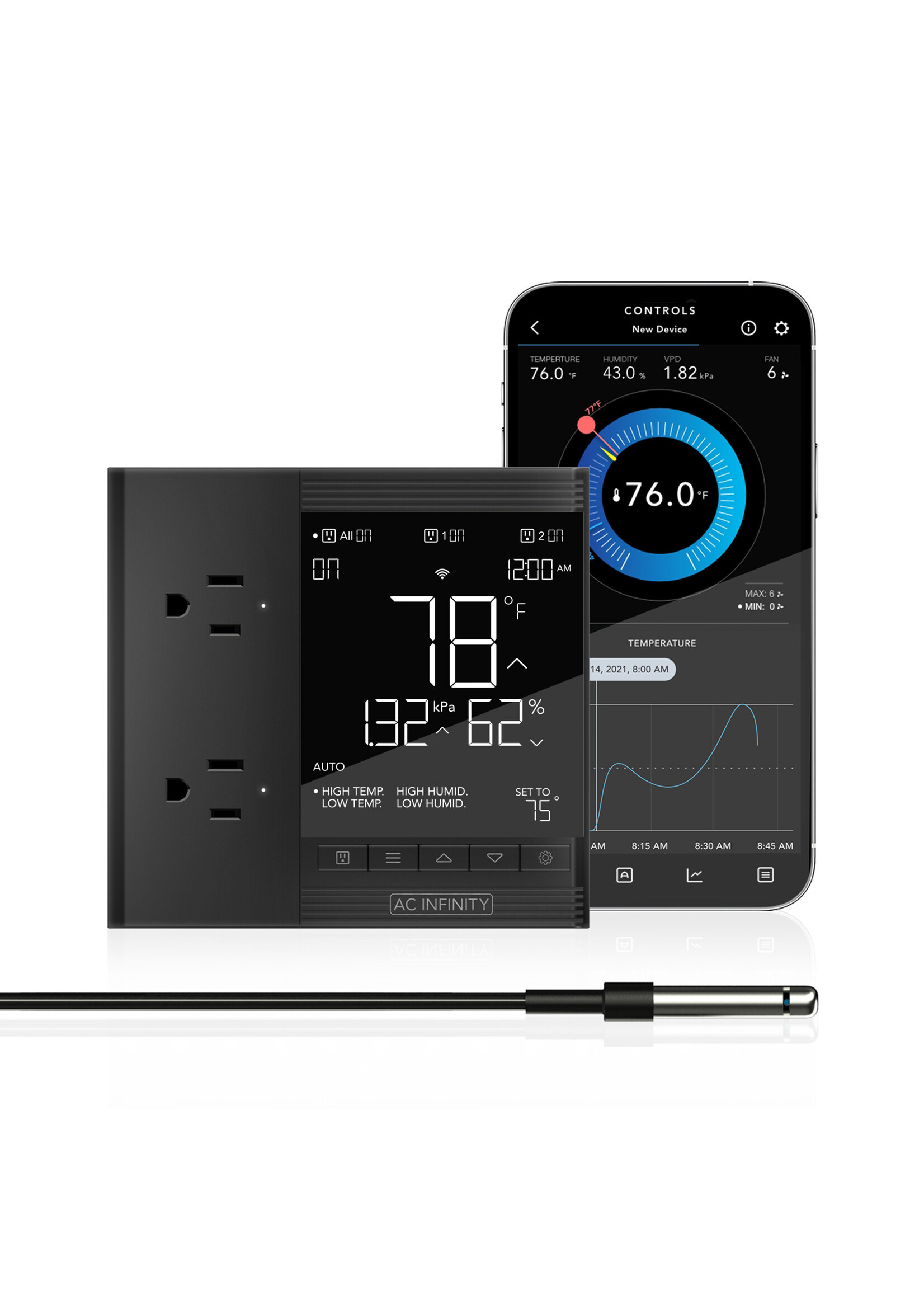 AC Infinity AC Infinity Controller 75 PRO WiFi for Two Devices, Dynamic VPD, Temperature, Humidity, Scheduling, Data App, Bluetooth