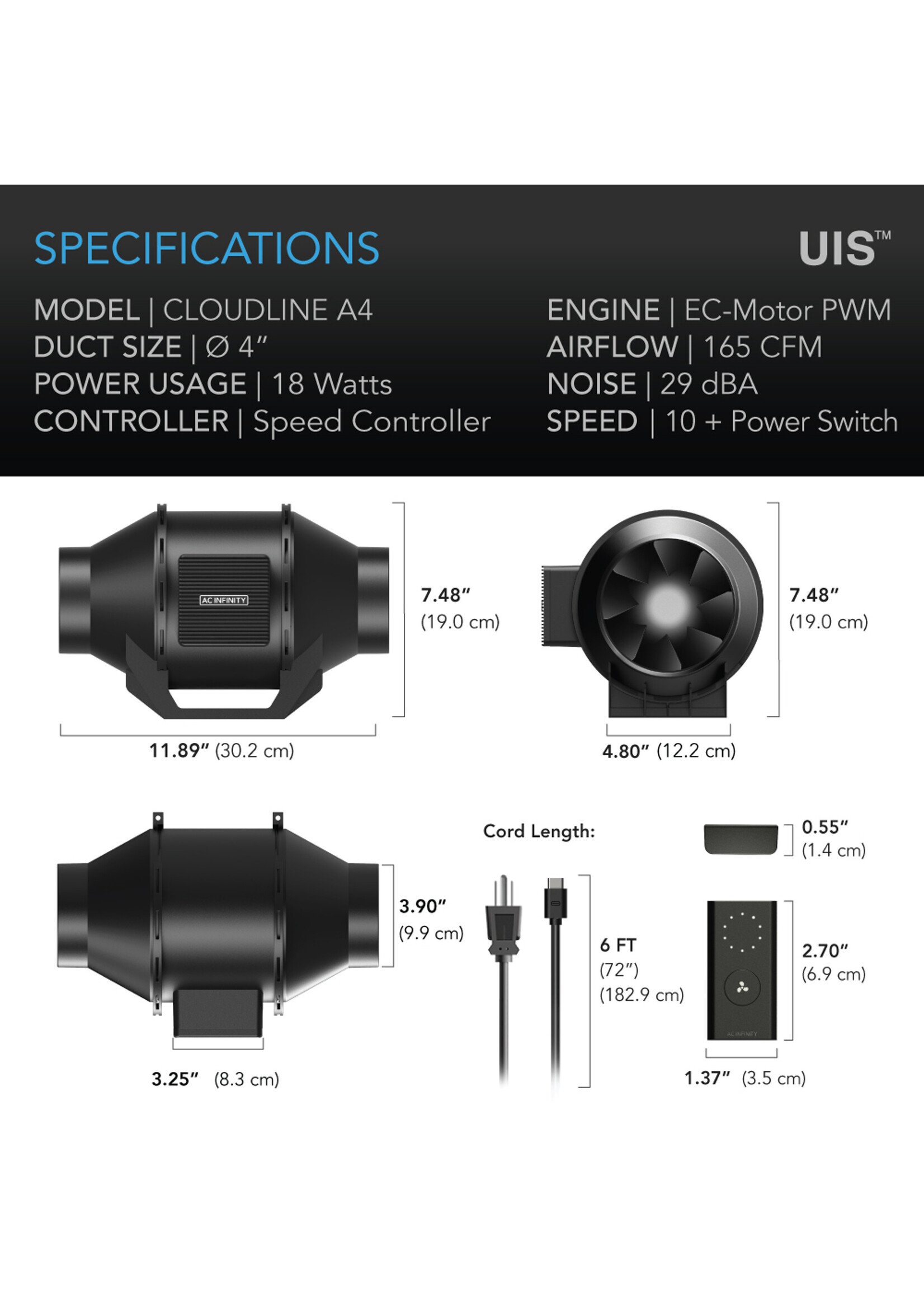 AC Infinity CLOUDLINE Quiet Inline Duct Fan Systems with Speed Controller