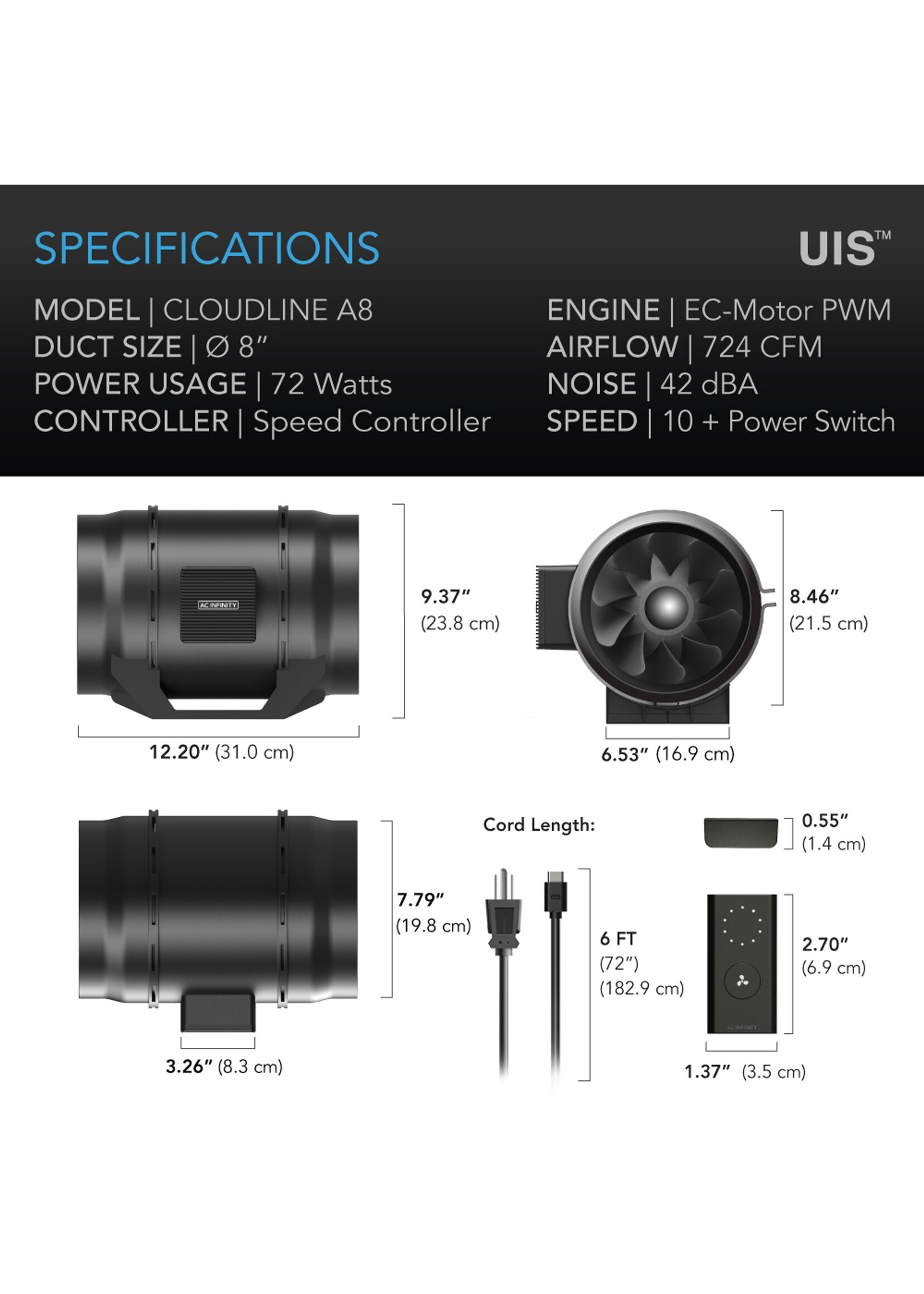 AC Infinity CLOUDLINE Quiet Inline Duct Fan Systems with Speed Controller