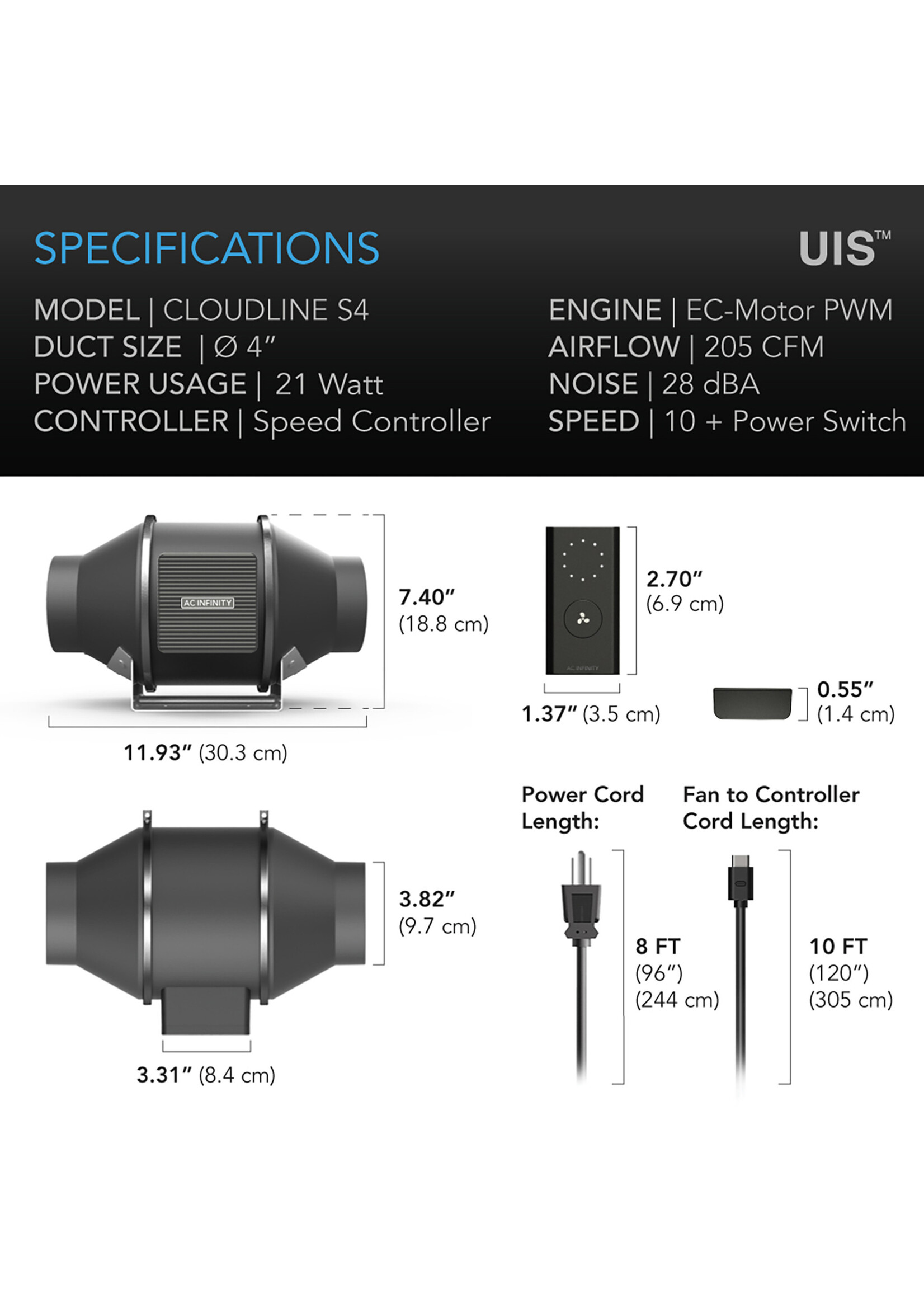 AC Infinity CLOUDLINE PRO Quiet Inline Duct Fan Systems with Speed Controller