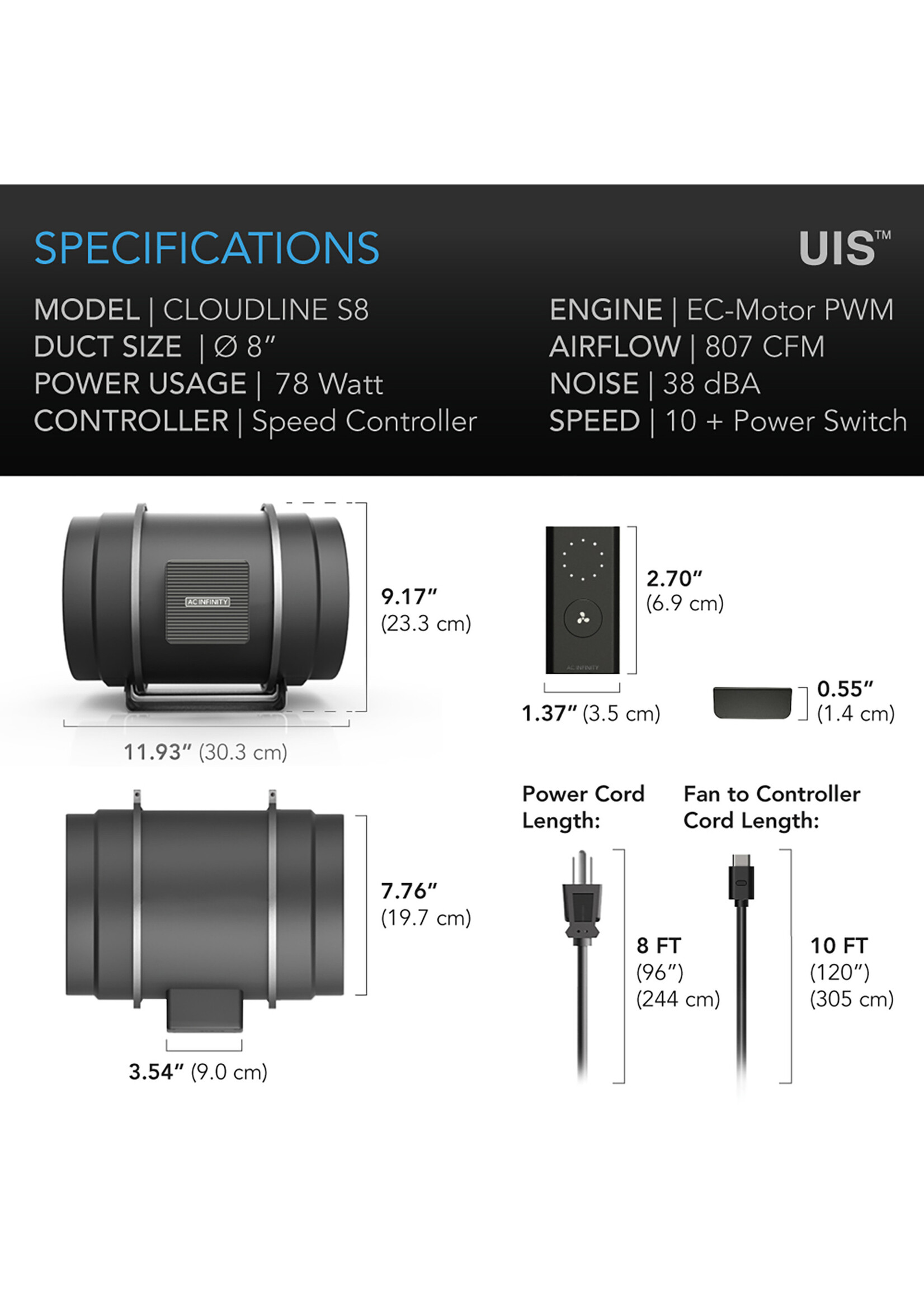AC Infinity CLOUDLINE PRO Quiet Inline Duct Fan Systems with Speed Controller