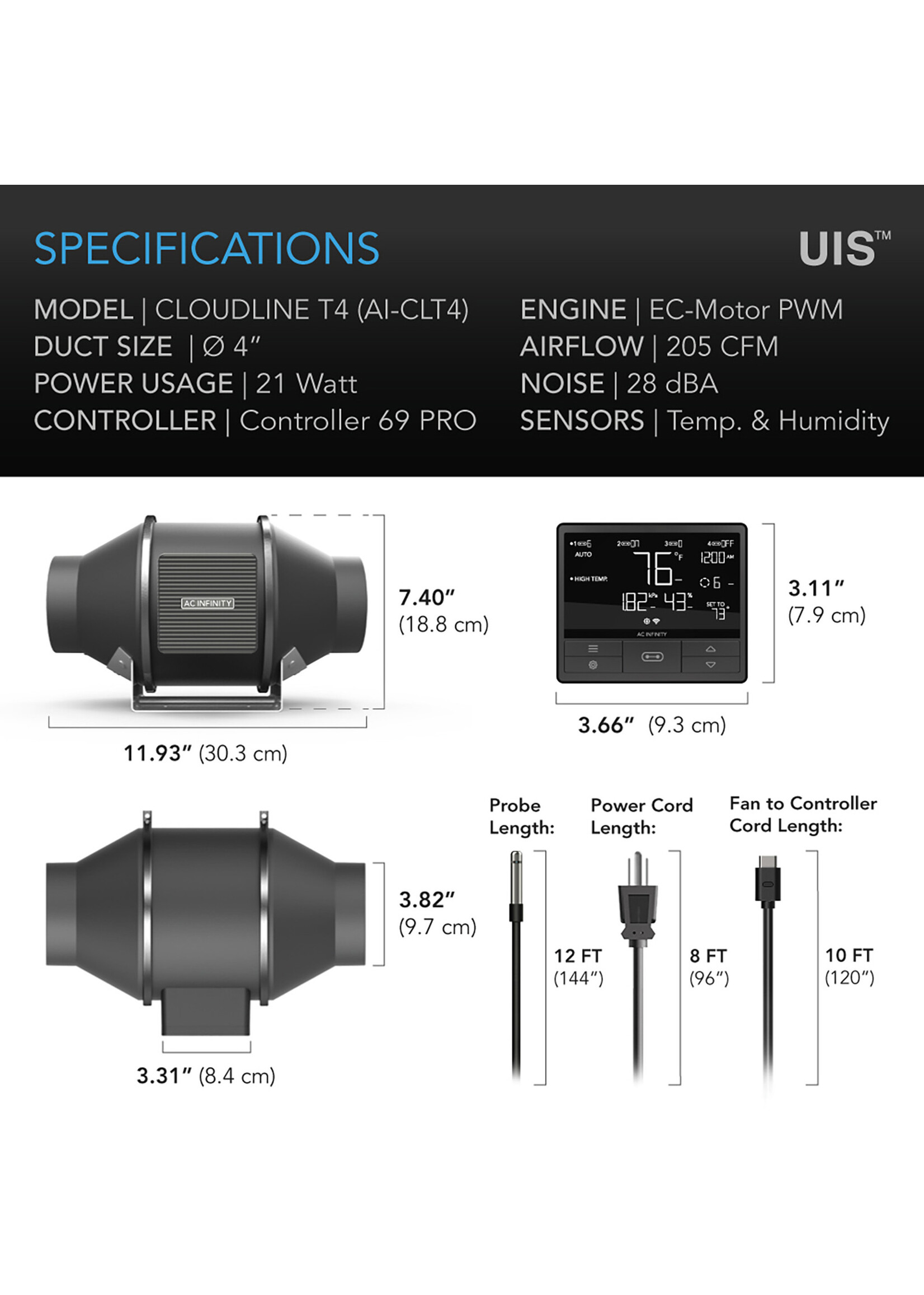 AC Infinity AC Infinity CLOUDLINE PRO SMART Control  Quiet Inline Duct Fan Systems