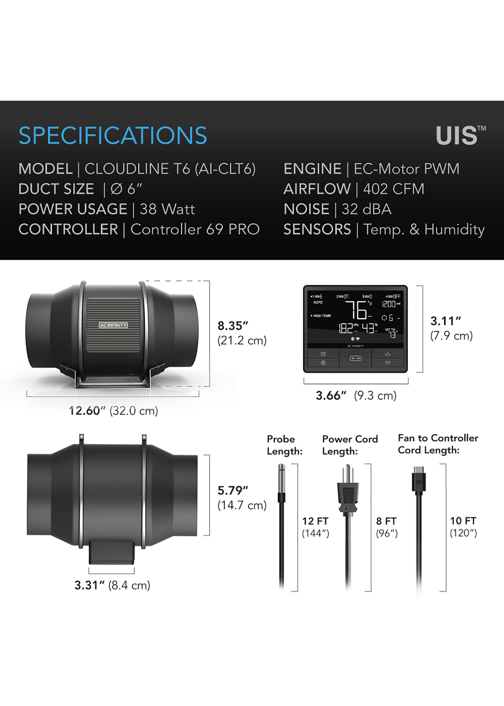 AC Infinity CLOUDLINE PRO SMART Control  Quiet Inline Duct Fan Systems