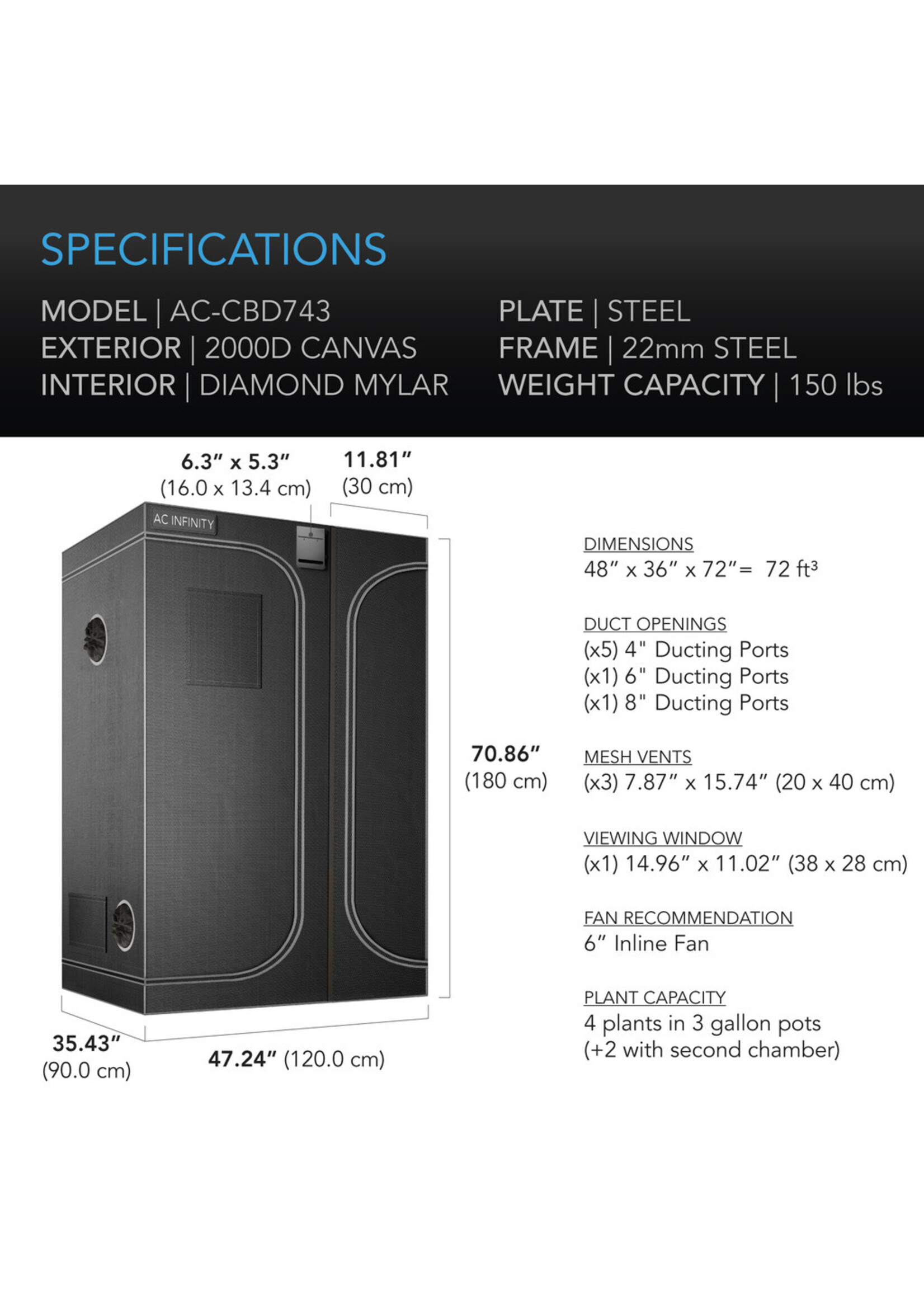 CLOUDLAB 2-in-1 Advance Grow Tent 2000D Mylar Canvas 1 Inch Poles