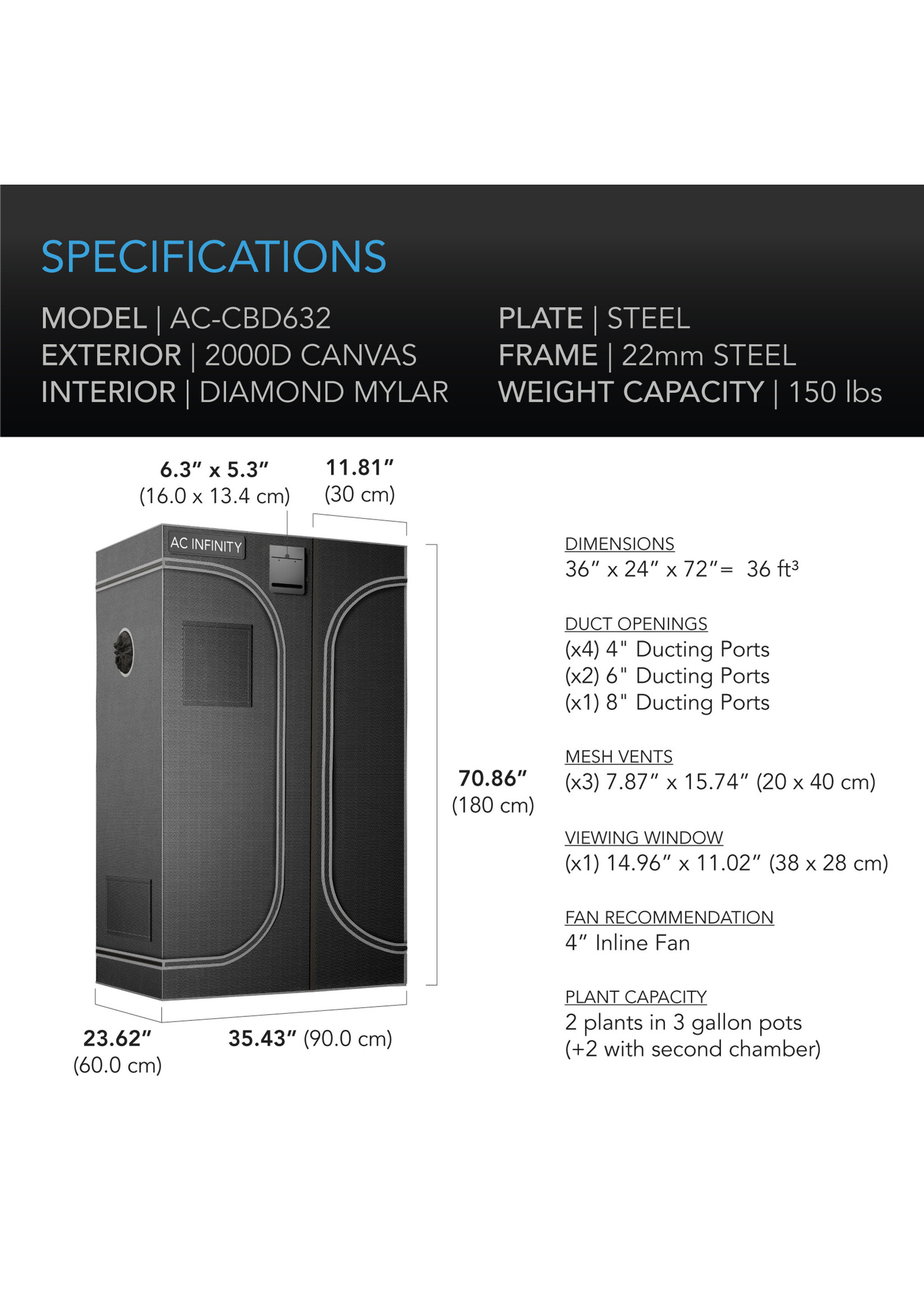CLOUDLAB 2-in-1 Advance Grow Tent 2000D Mylar Canvas 1 Inch Poles