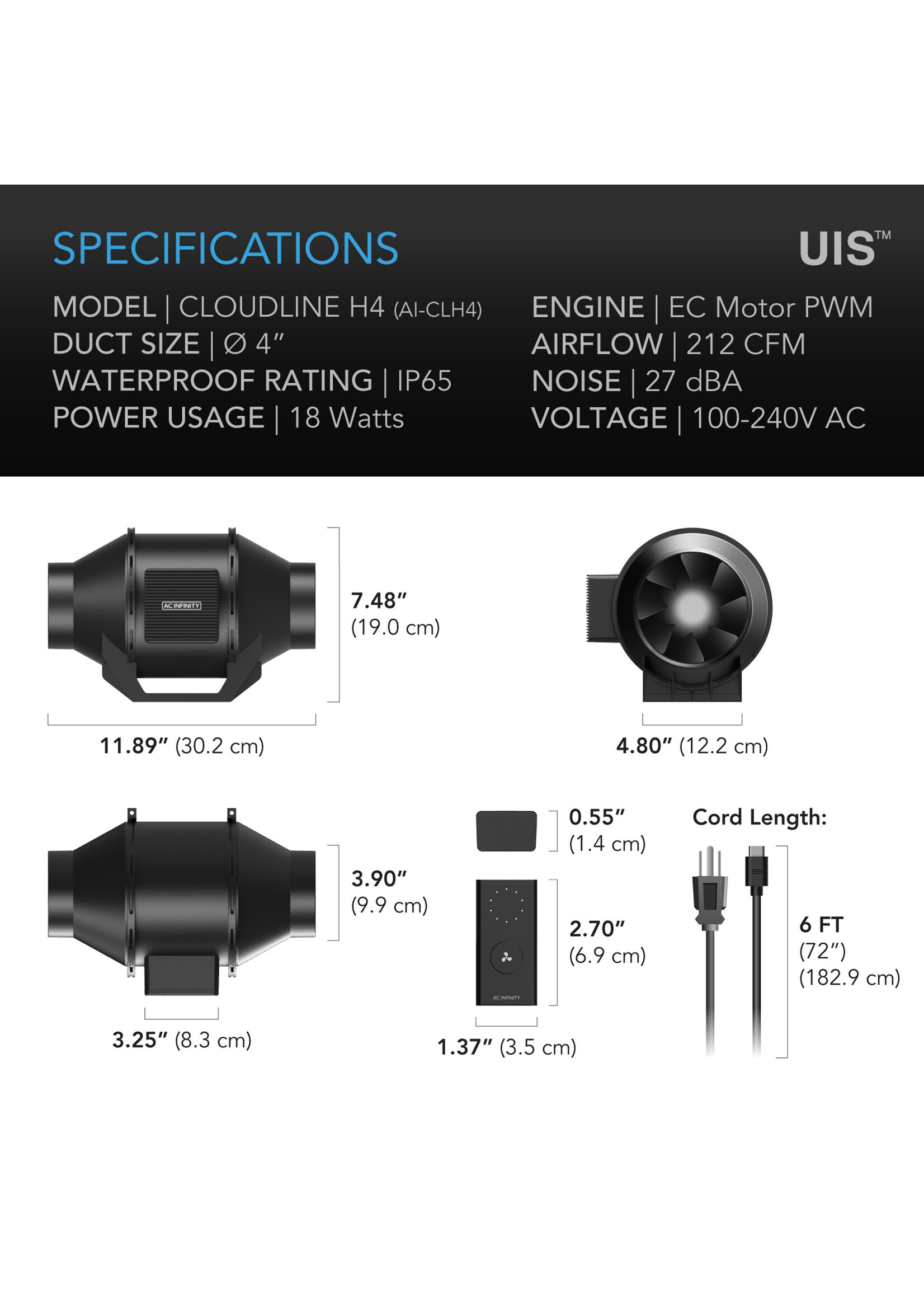 AC Infinity CLOULINE H4 Inline Fan for Fungiculture IP65 4 Inch