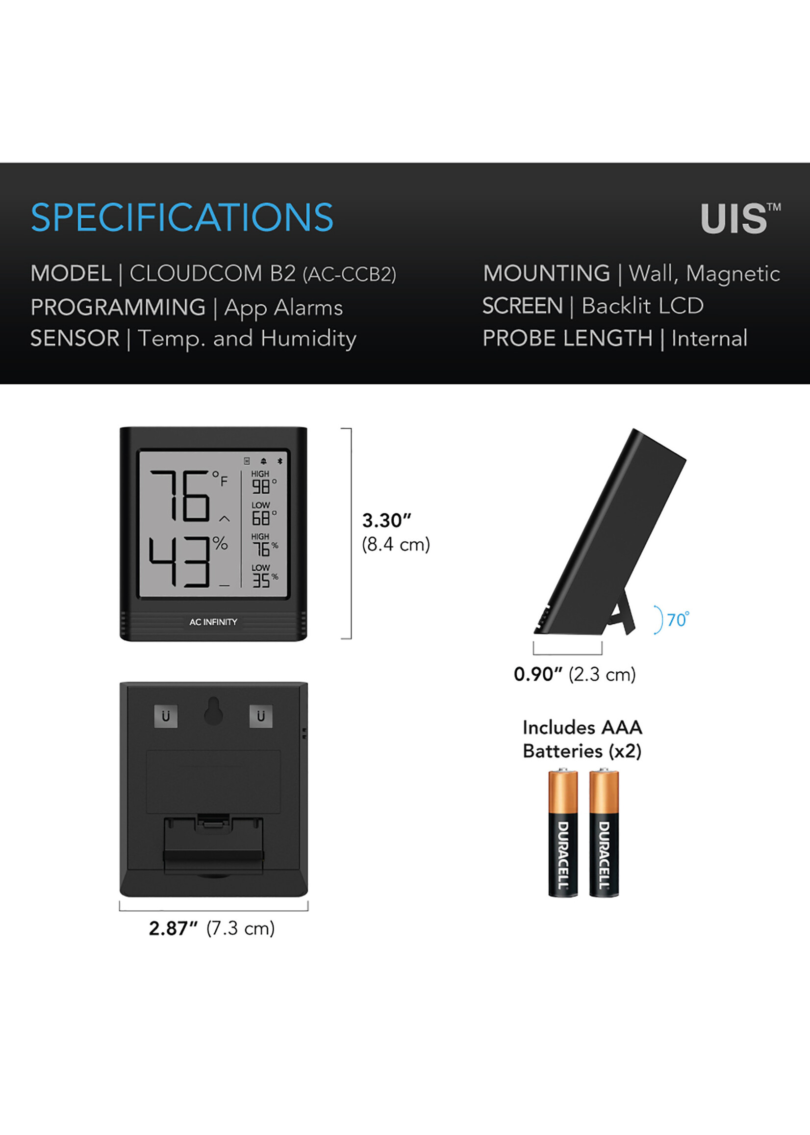 AC Infinity Cloudcom B2 Smart Thermo-Hygrometer w/ data App, Integrated Sensor Probe