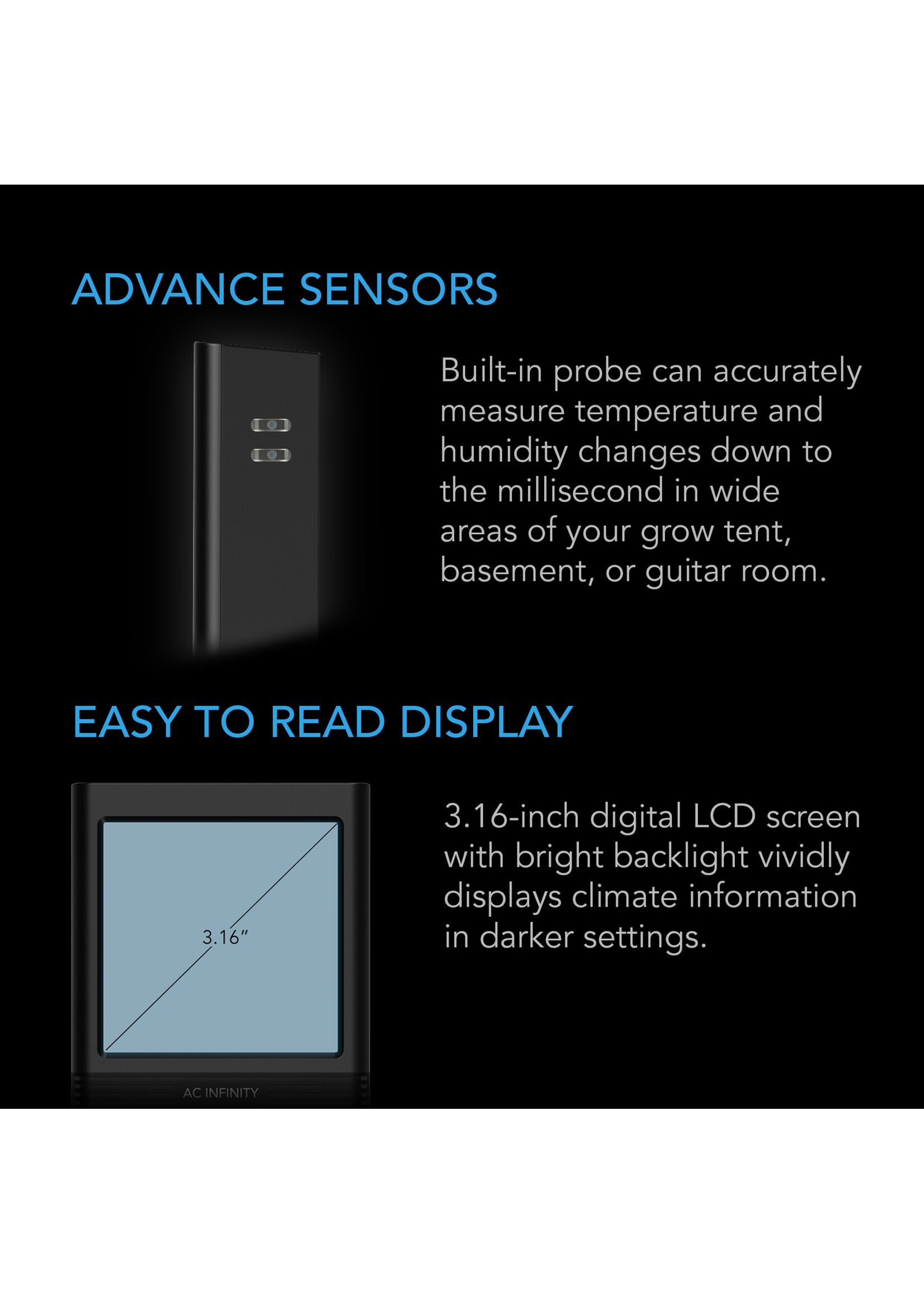 AC Infinity Cloudcom B2 Smart Thermo-Hygrometer w/ data App, Integrated Sensor Probe