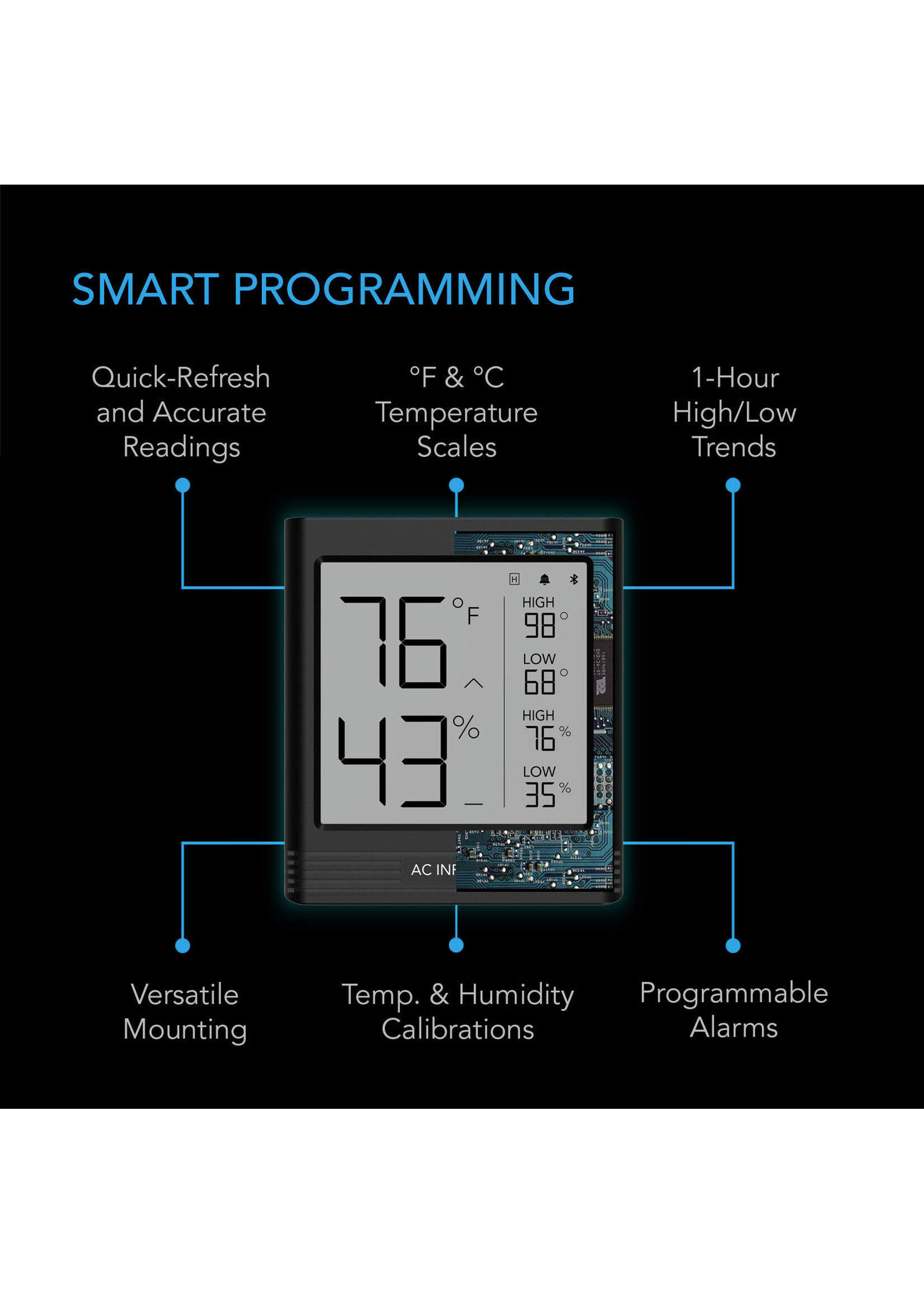 AC Infinity Cloudcom B2 Smart Thermo-Hygrometer w/ data App, Integrated Sensor Probe