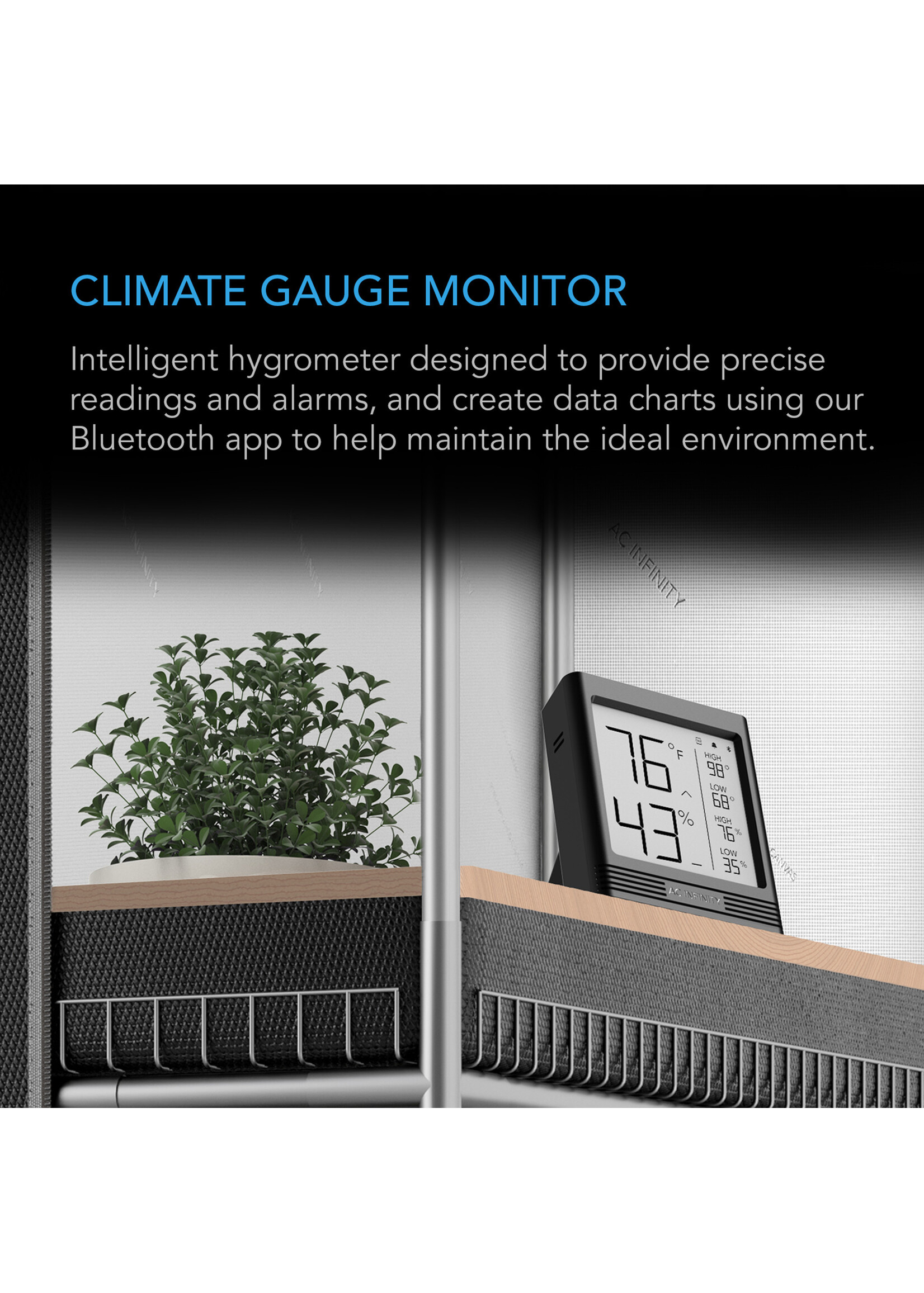 AC Infinity Cloudcom B2 Smart Thermo-Hygrometer w/ data App, Integrated Sensor Probe