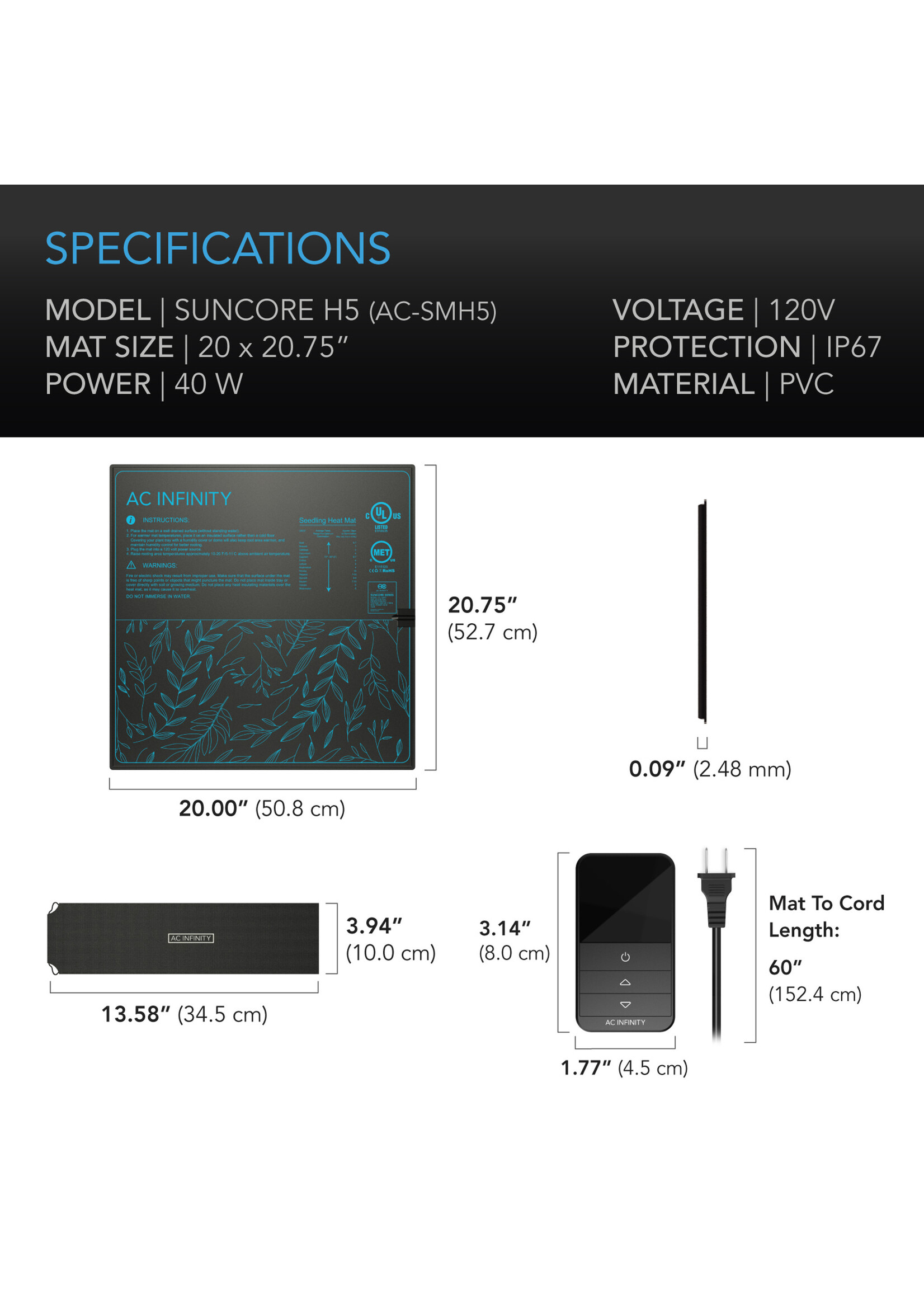 AC Infinity Suncore H5 Seedling Heat Mat with Heat Controller, IP-67waterproof , 20" X 20.75"