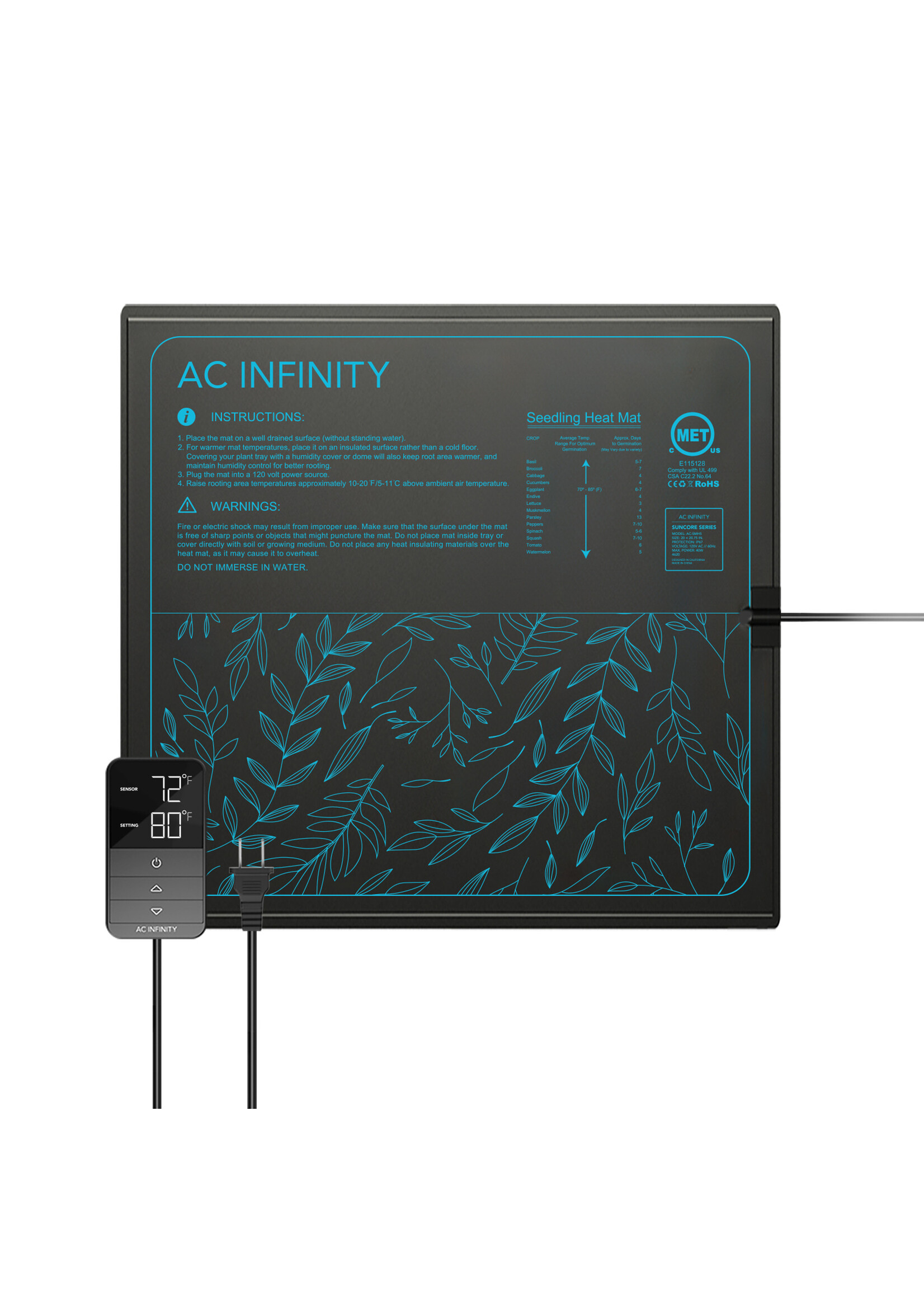 AC Infinity Suncore H5 Seedling Heat Mat with Heat Controller, IP-67waterproof , 20" X 20.75"