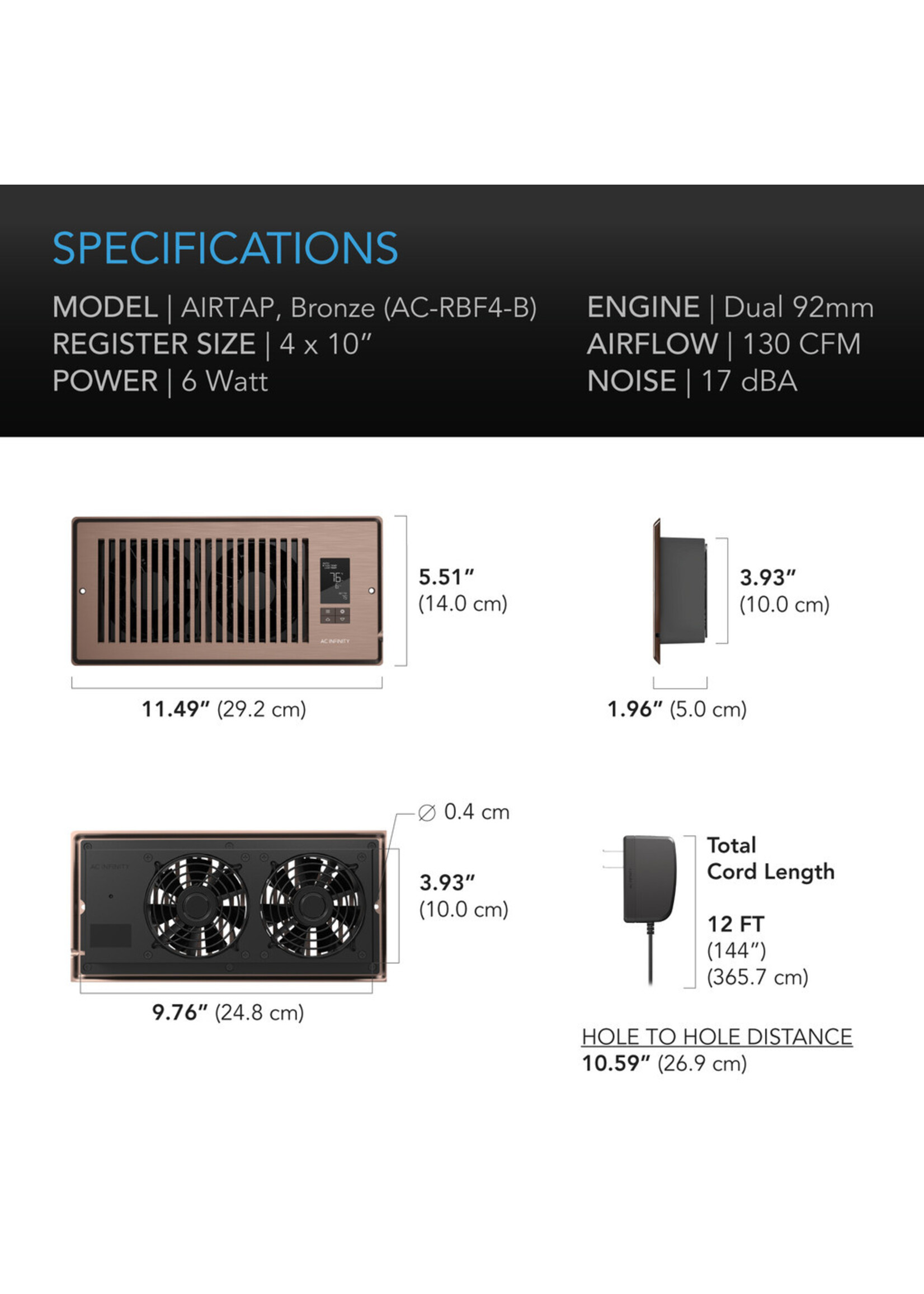AC Infinity AIRTAP T4, Quiet Register Booster Fan System, Brown Bronze, for 4IN x 10IN Registers
