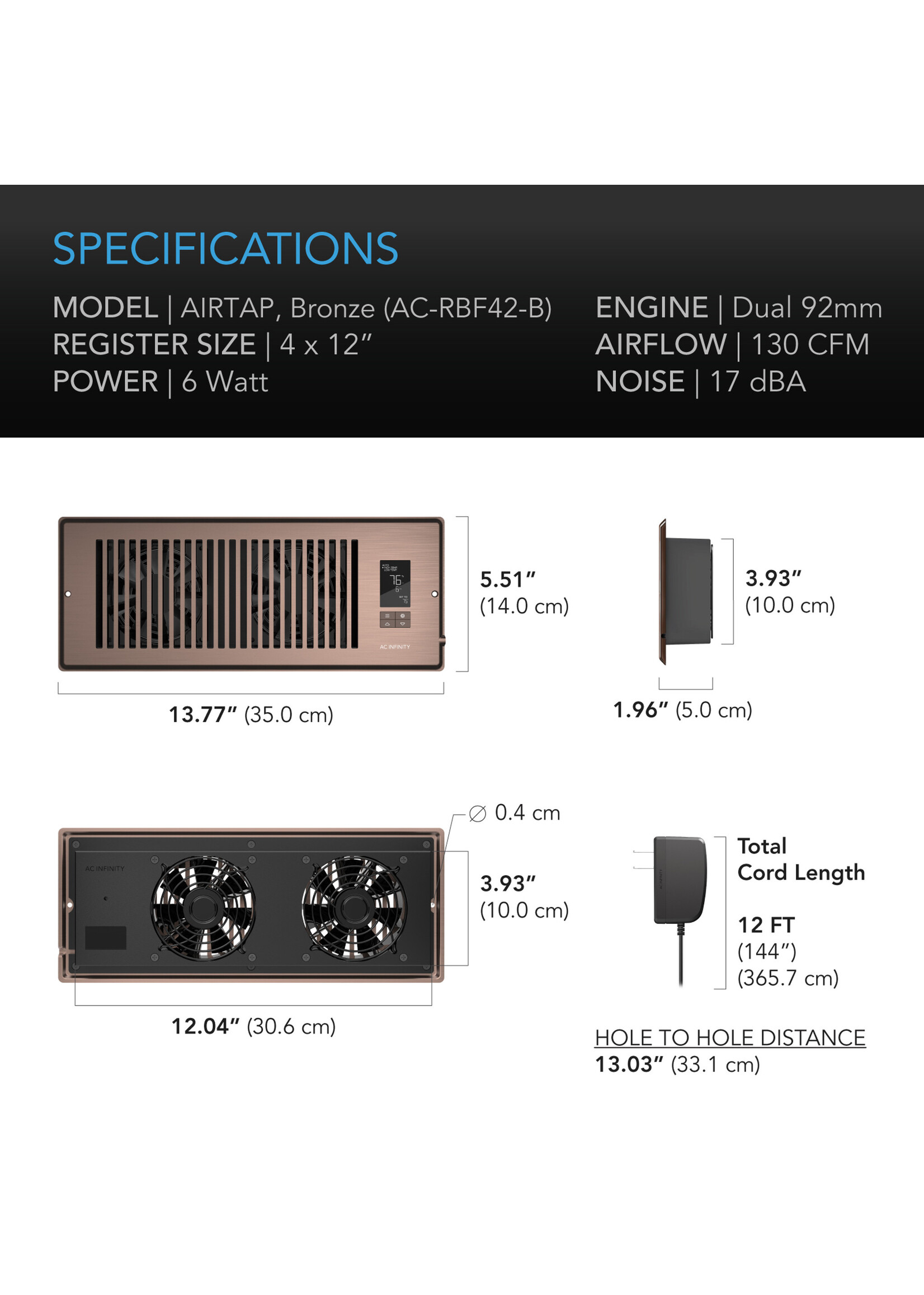 AC Infinity AIRTAP T4, Quiet Register Booster Fan System, Brown Bronze, for 4IN x 12IN Registers