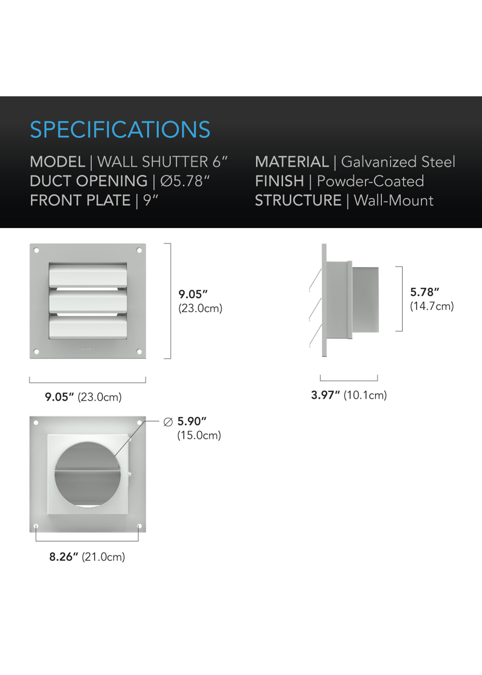 AC INFINITY Wall Mount Duct Shutter, 6-Inch, White Steel
