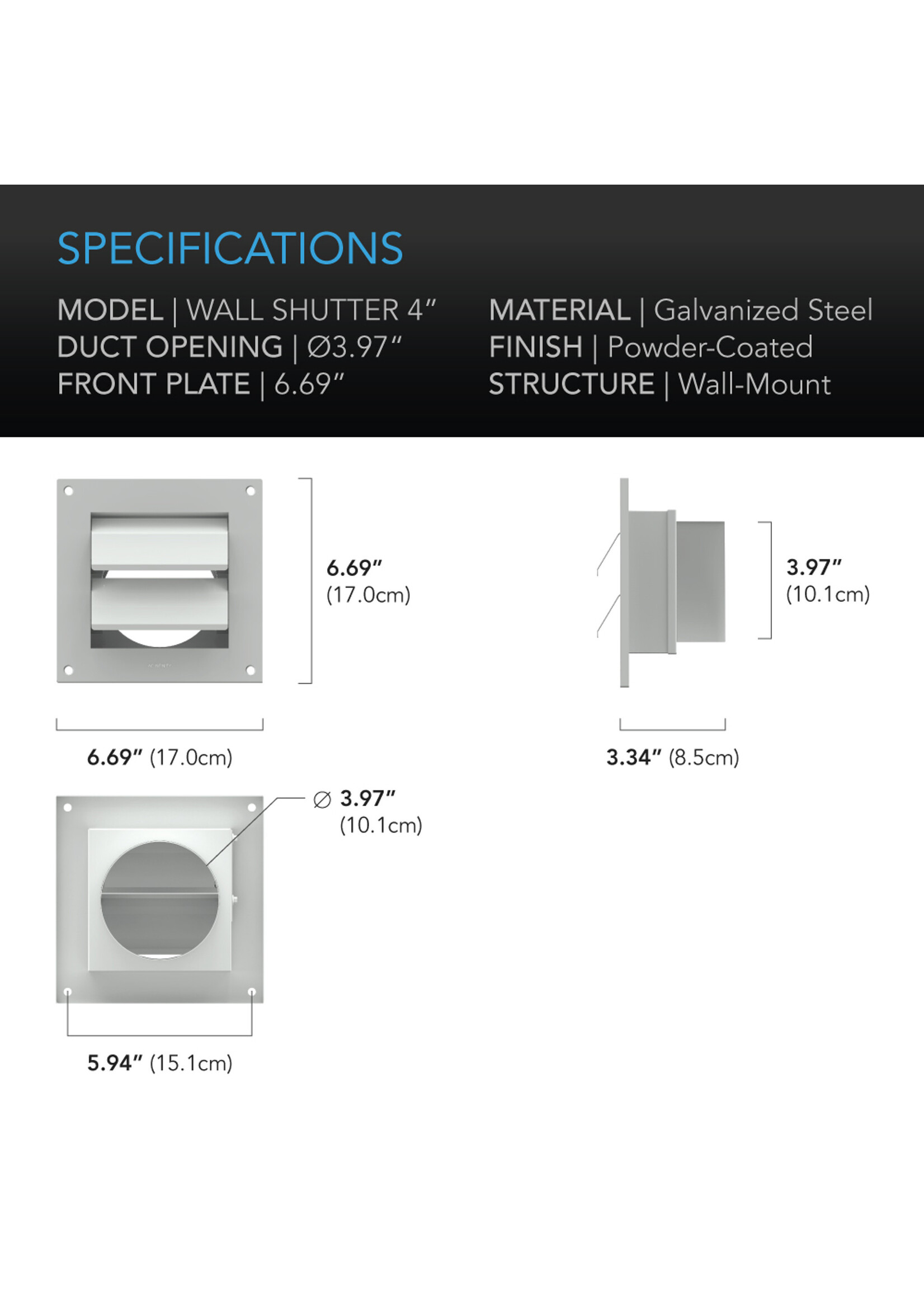 AC INFINITY Wall Mount Duct Shutter, 4-Inch, White Steel