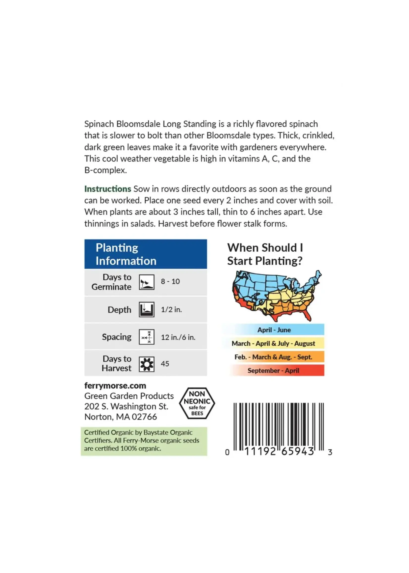 Ferry Morse Spinach - Bloomsdale Long Standing Organic