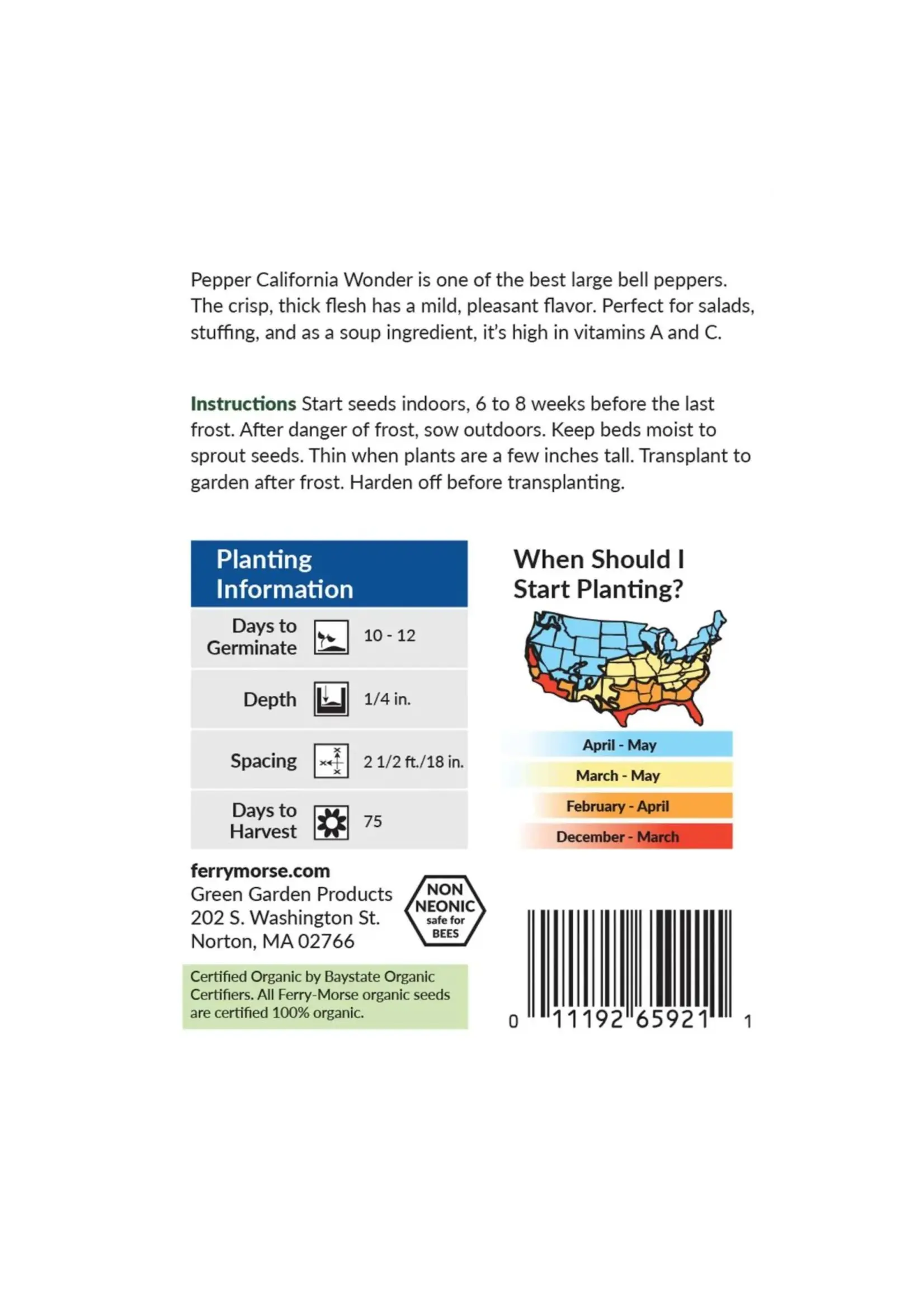 Ferry Morse Pepper - California Wonder Organic