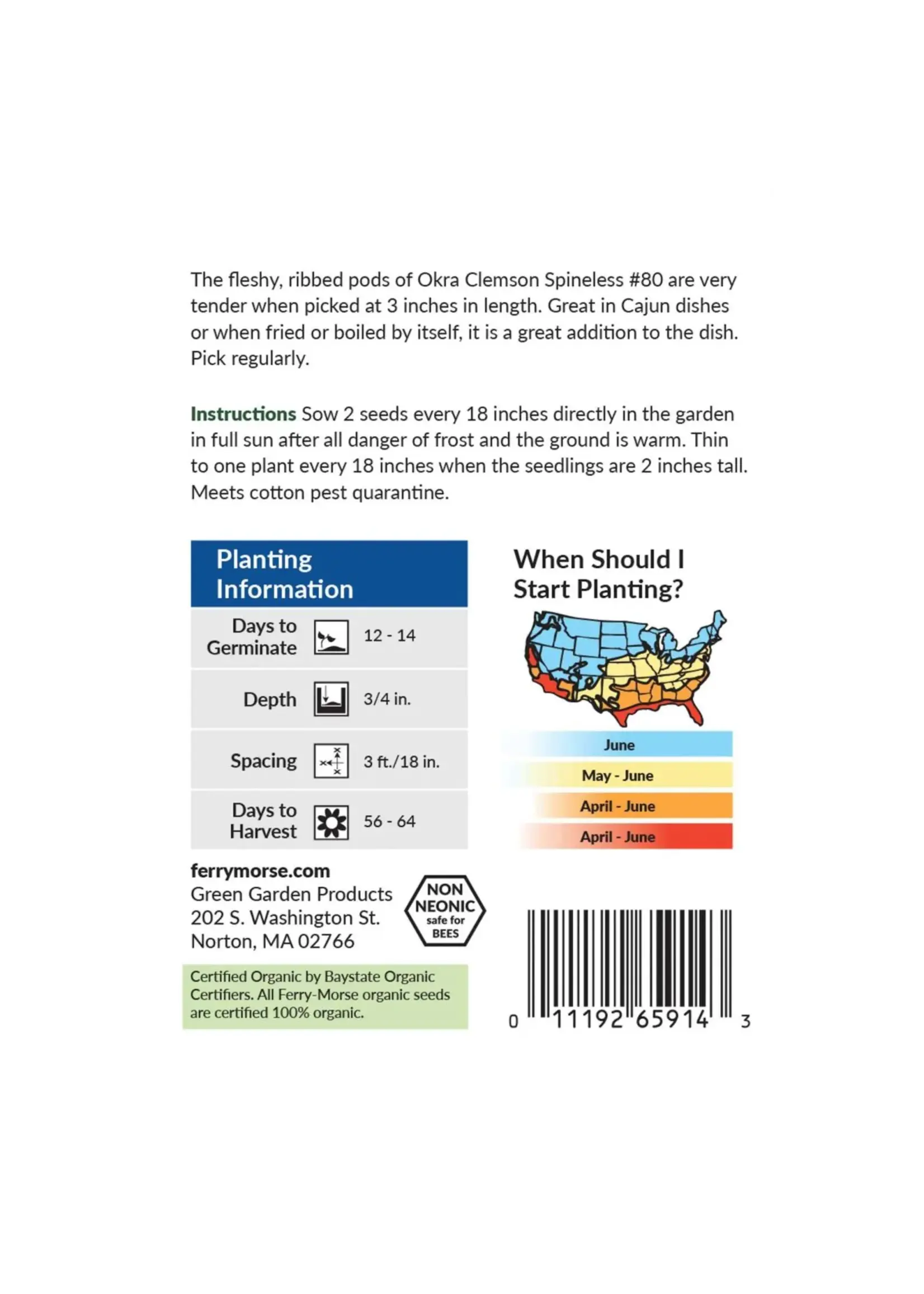 Ferry Morse Okra - Clemson Spineless #80 Organic