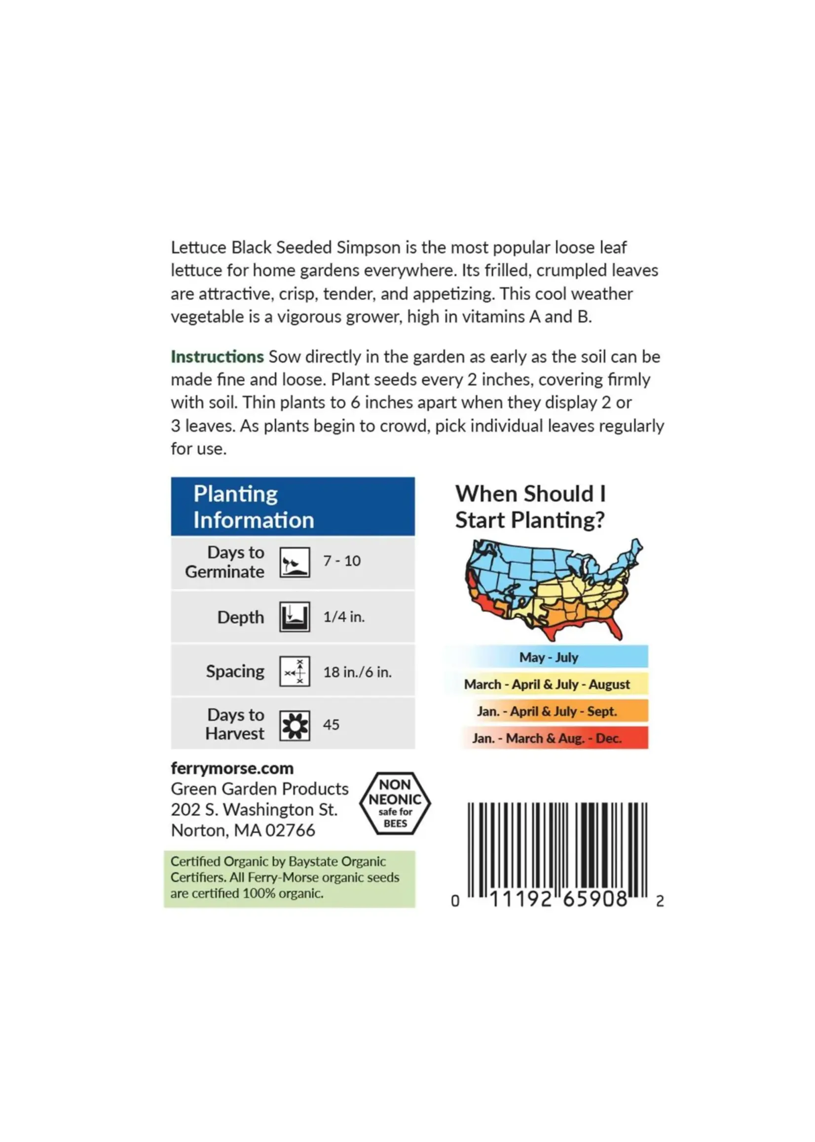 Ferry Morse Lettuce - Black Seeded Simpson Organic