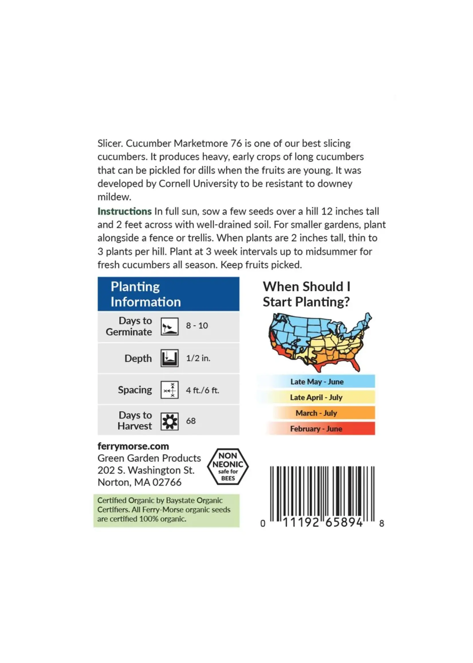 Ferry Morse Cucumber - Marketmore Organic