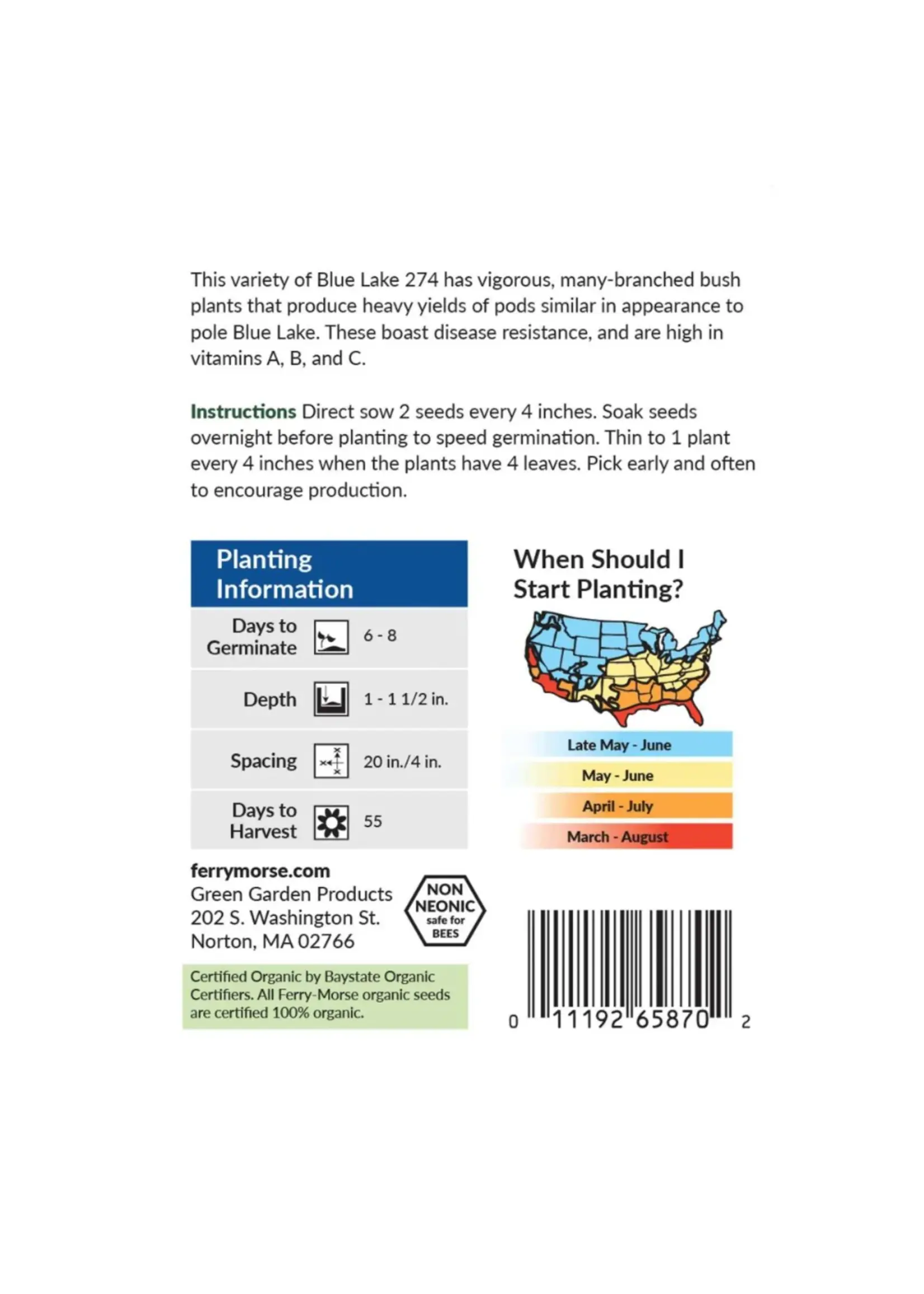 Ferry Morse Bean - Bush Blue Lake 274 Organic