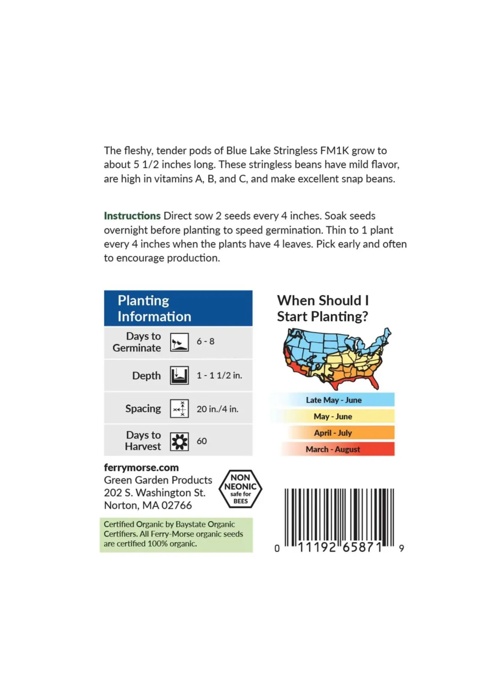 Ferry Morse Bean - Blue Lake Stringless Pole Organic