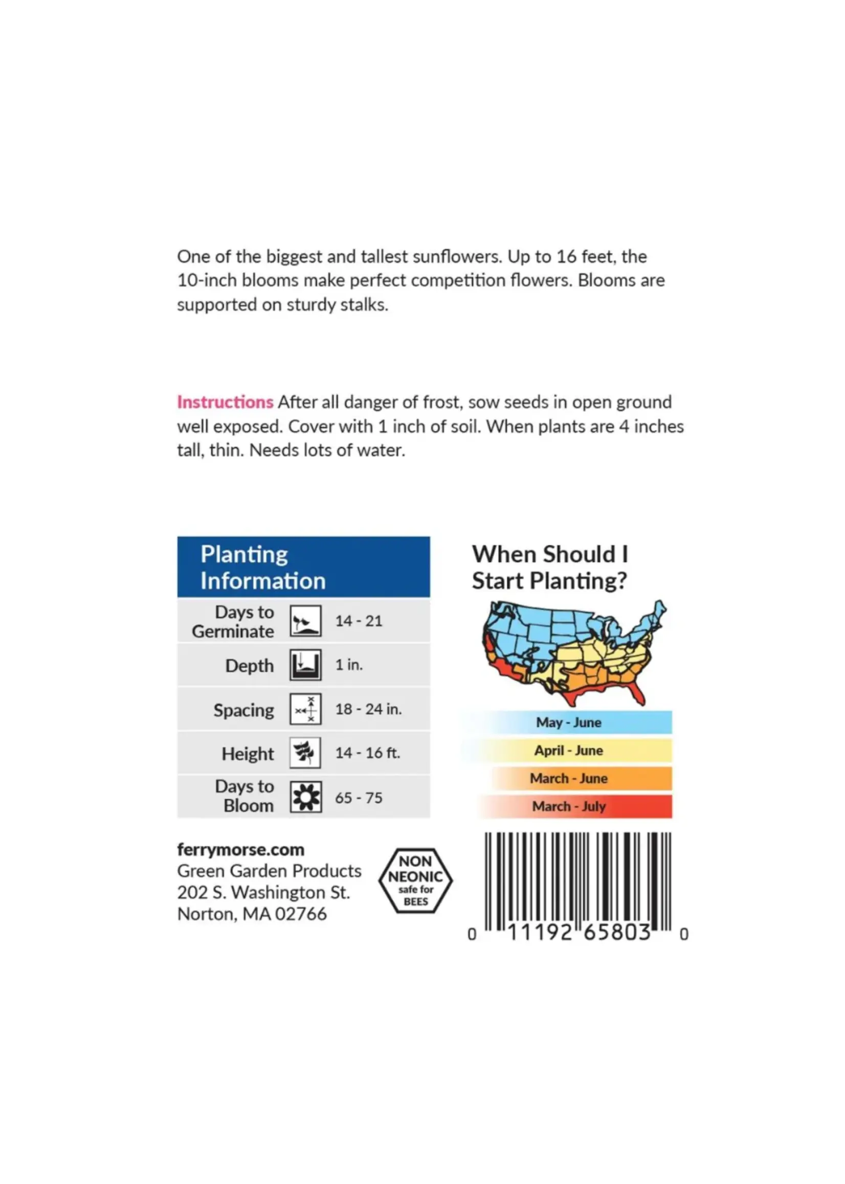 Ferry Morse Sunflower - American Giant Hybrid
