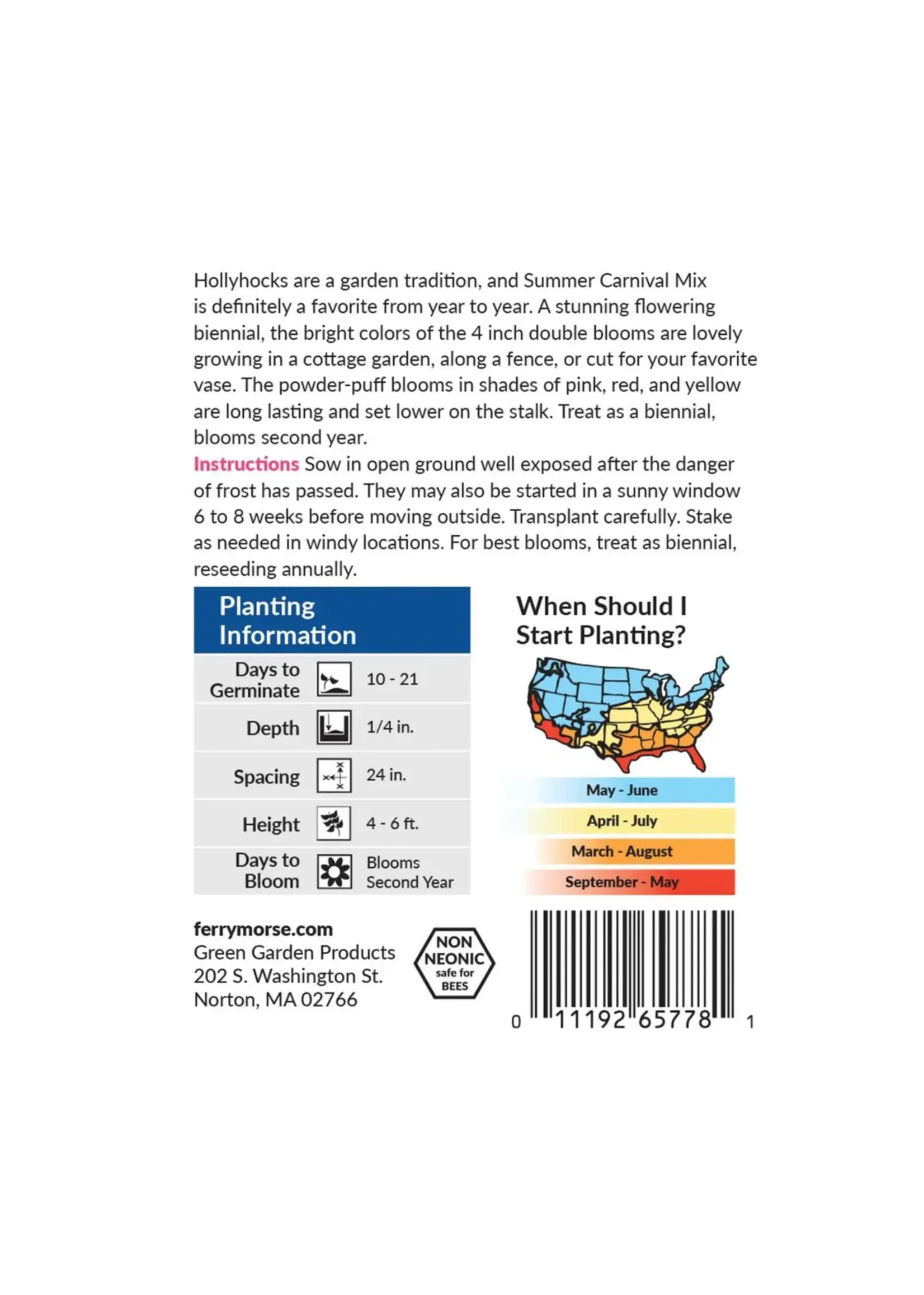 Ferry Morse Hollyhock - Summer Carnival Mixed Colors