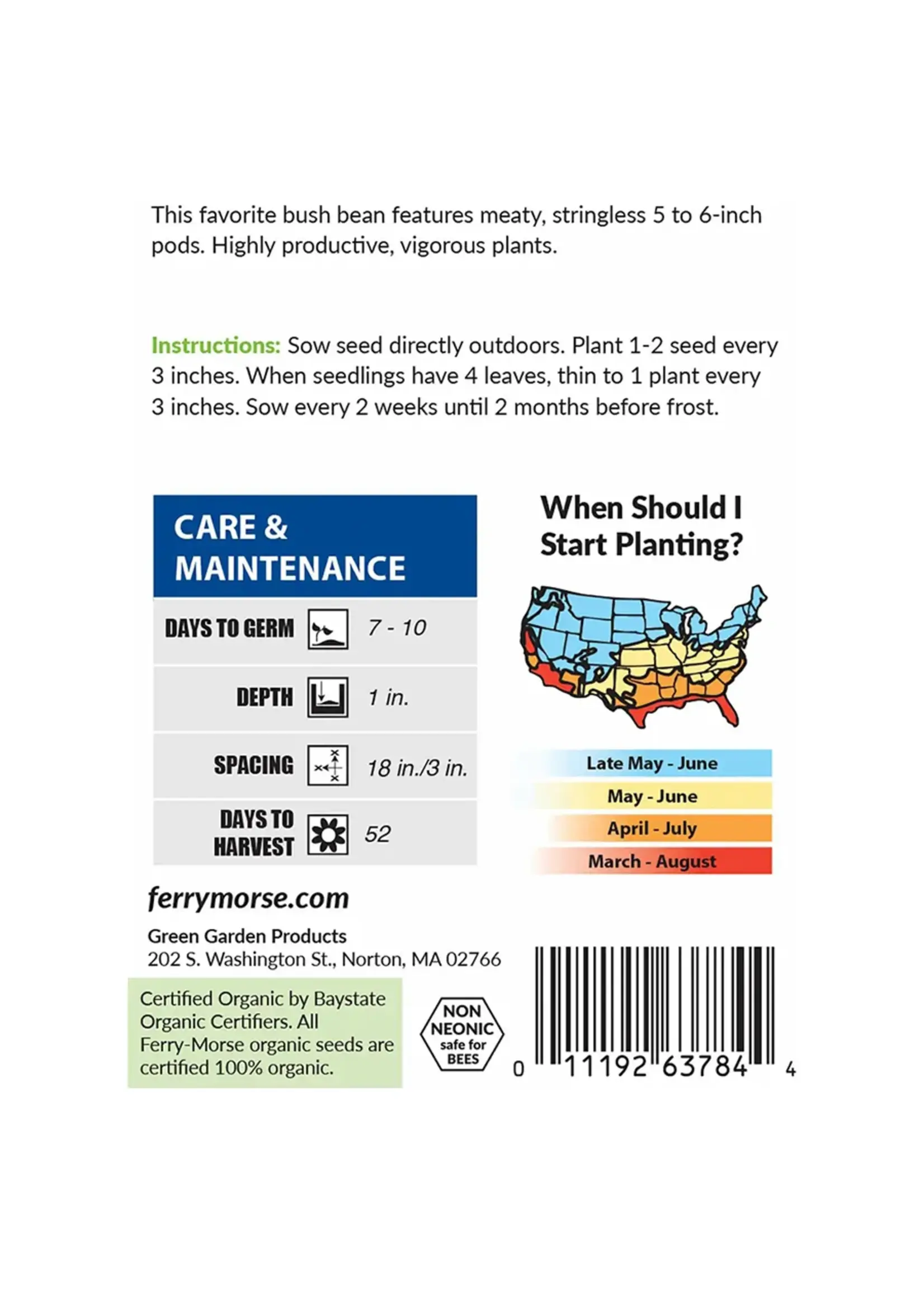 Ferry Morse Bean - Tendergreen Improved Organic