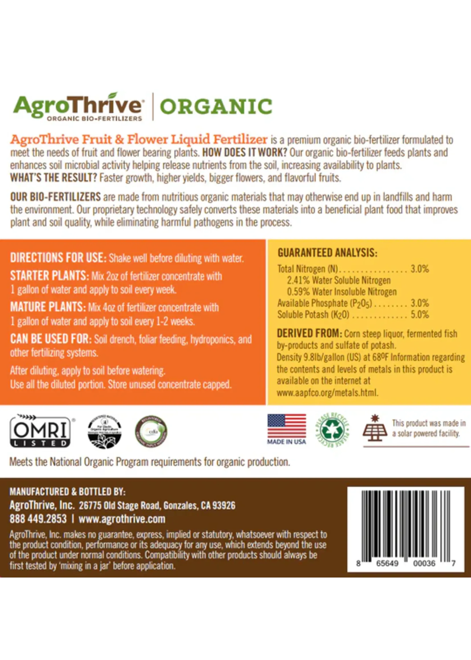 AgroThrive AgroThrive Organic Fruit & Flower Liquid Fertilizer 3-3-5