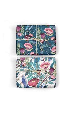 Bespoke Letter Press Bespoke  Single Bottle  Double Sided Gift Wrap - Bird Twig / Indigo Floral