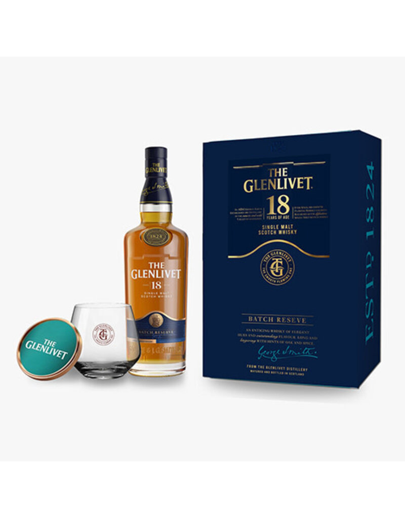 Glenlivet Glenlivet 18 Years Old Batch Reserve Single Malt Scottish Whisky 700ml plus Glass and Mug Lid Set