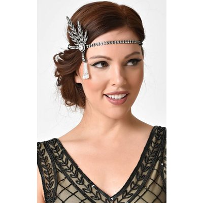 Unique Vintage Silver Rhinestone Feather & Pearl Headband