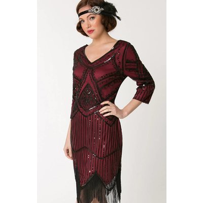 Unique Vintage Noemie Burgundy & Black Evening Dress w/ Sleeves