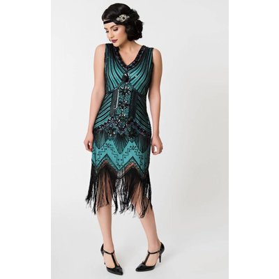 Unique Vintage Veronique Black & Teal Sleeveless Evening Dress