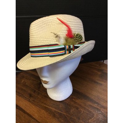 Solstice Nat Stitched Raffia w/ Feathers, Multi Band