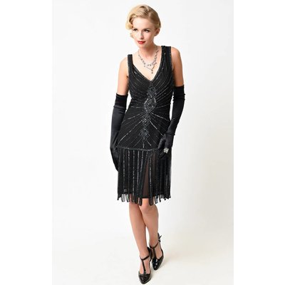 Unique Vintage Aelita Deco Black Beaded Fringe Flapper Dress