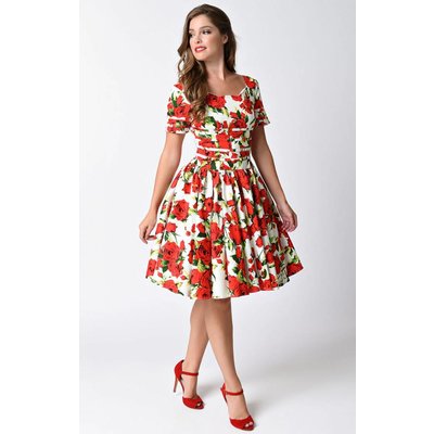 Unique Vintage Roman Holiday White & Red Short-Sleeved Swing Dress