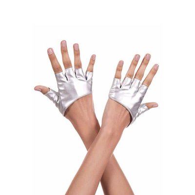 Short Silver Metallic Fingerless Stretch Gloves