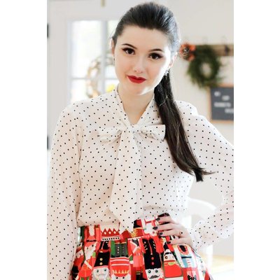 Retrolicious White Polka Dot Long Sleeve Bow Top