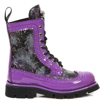 New Rock Shoes Wing Tip Boots, Tooled Upper Purple/Multi 38 (Women's 7)