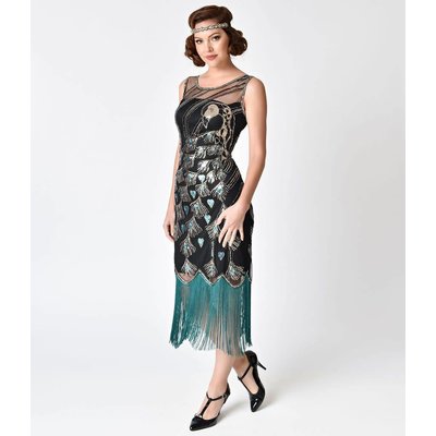 Unique Vintage Antoinette Black Teal Flapper Dress