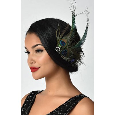 Unique Vintage UV Peacock Feather & Black Veil Hair Clip