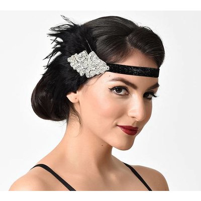 Unique Vintage UV Black Coque Feather & Silver Rhinestone Headband