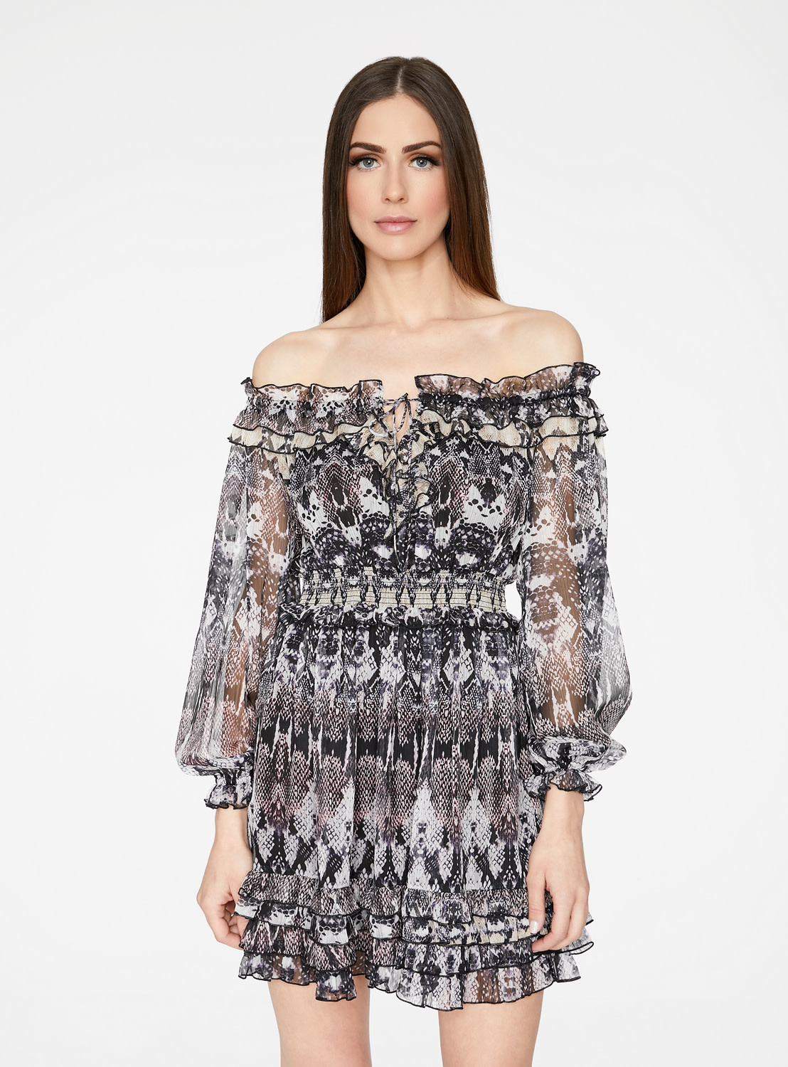 snakeskin off the shoulder dress