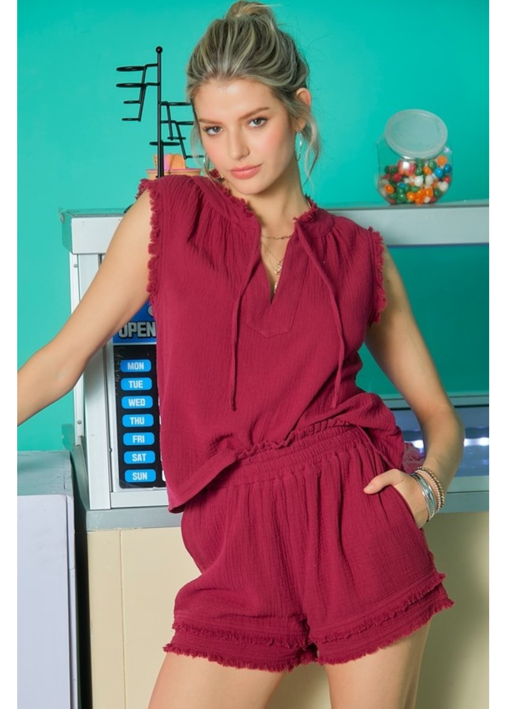 Day & Moon Sleeveless Gauze Tie Top Social Rose