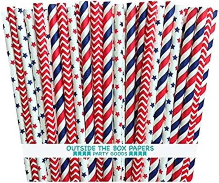 Stars & Stripe Paper Straws 7.75in - Box of 20