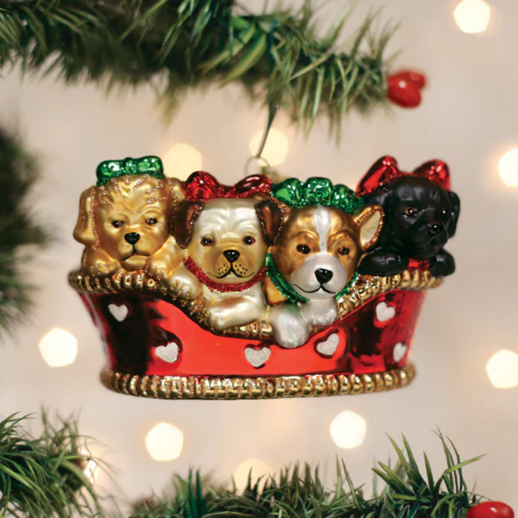 Old World Christmas Puppies in a Basket Glass Ornament